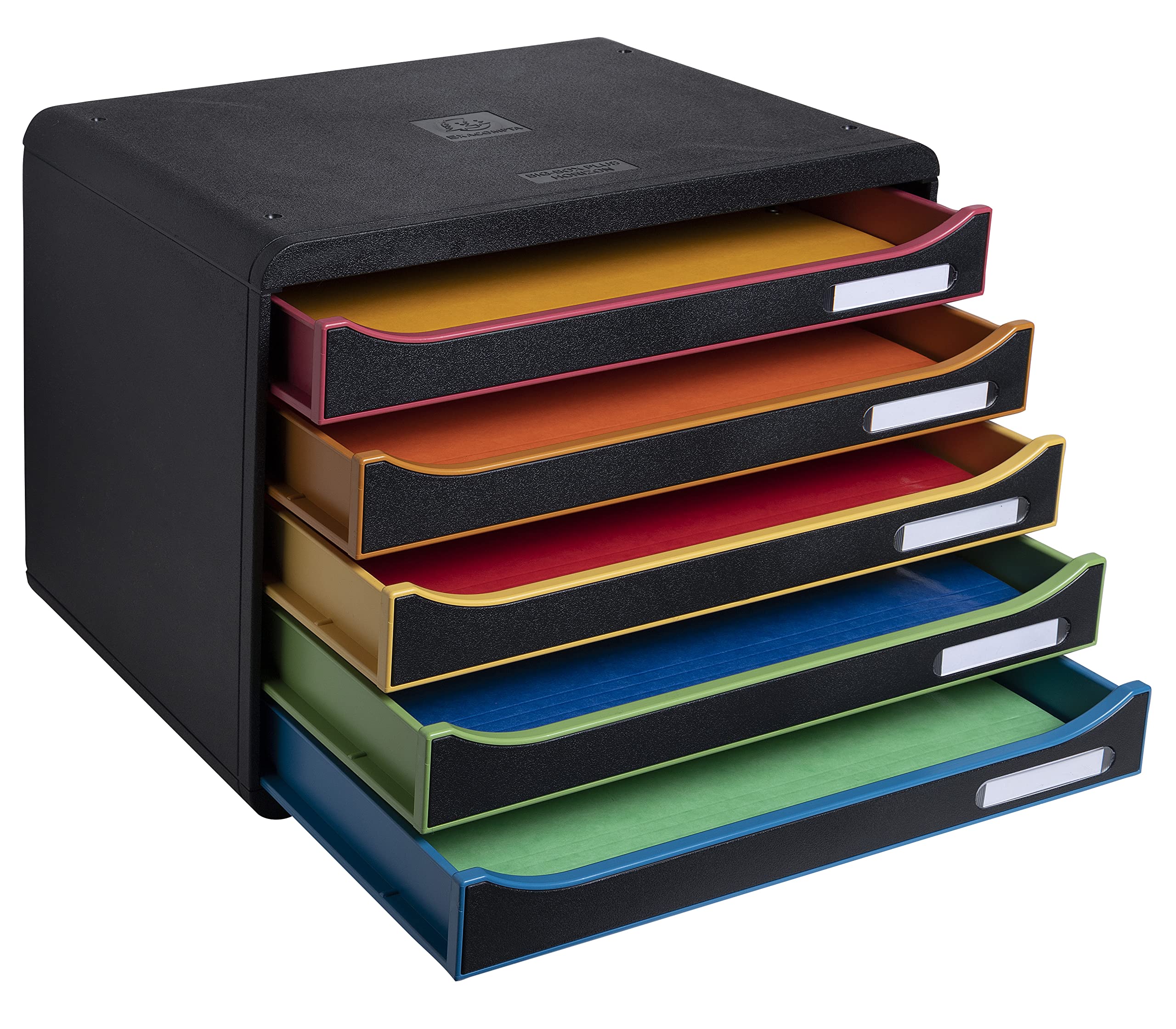 Exacompta 308914D Szafka na dokumenty BIG-BOX PLUS HORIZON, 5 szuflad na dokumenty A4+, wymiary zewnętrzne: 27 x 35,5 x 27,1 cm, 1 sztuka kolor czarny/harlekin/czarny