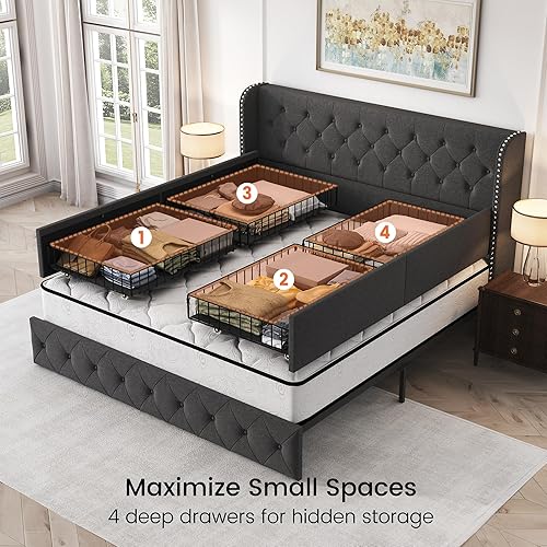 Miniatura 102 de LARMACE - Marco de cama tamaño King con 4 cajones de almacenamiento y cabecera tapizada con botones, cama de plataforma tapizada en lino con