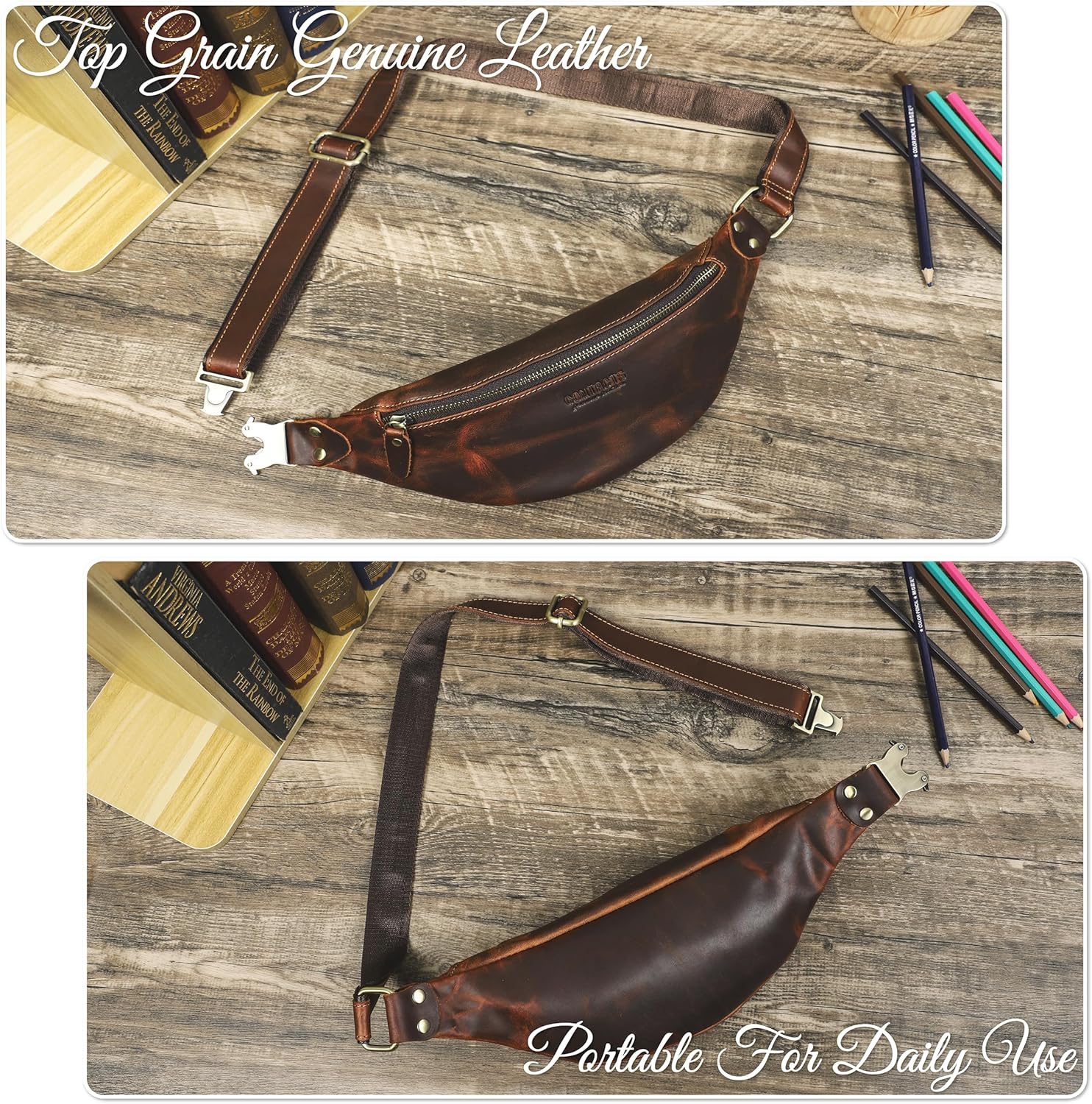 Top Grain Genuine Leather Slim Waist Pack for Man & Woman, Minimalist Vintage Design, Handmade with Detachable Hardware, Slim Fanny Pack Small Crossbody Belt Bag for Traveling or Riding, Coffee - Image 2