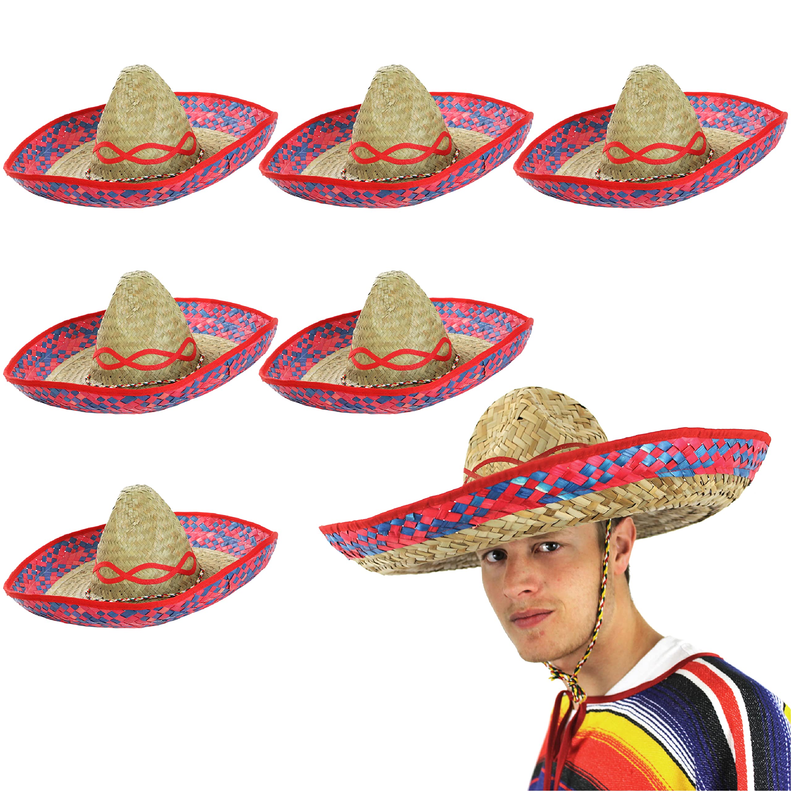 6 Pack Red Mexican Sombrero - Adults, Mens, Womens Red Straw Sombreros - Perfect for Mexico/Cinco De Mayo Themed Parties & Fancy Dress