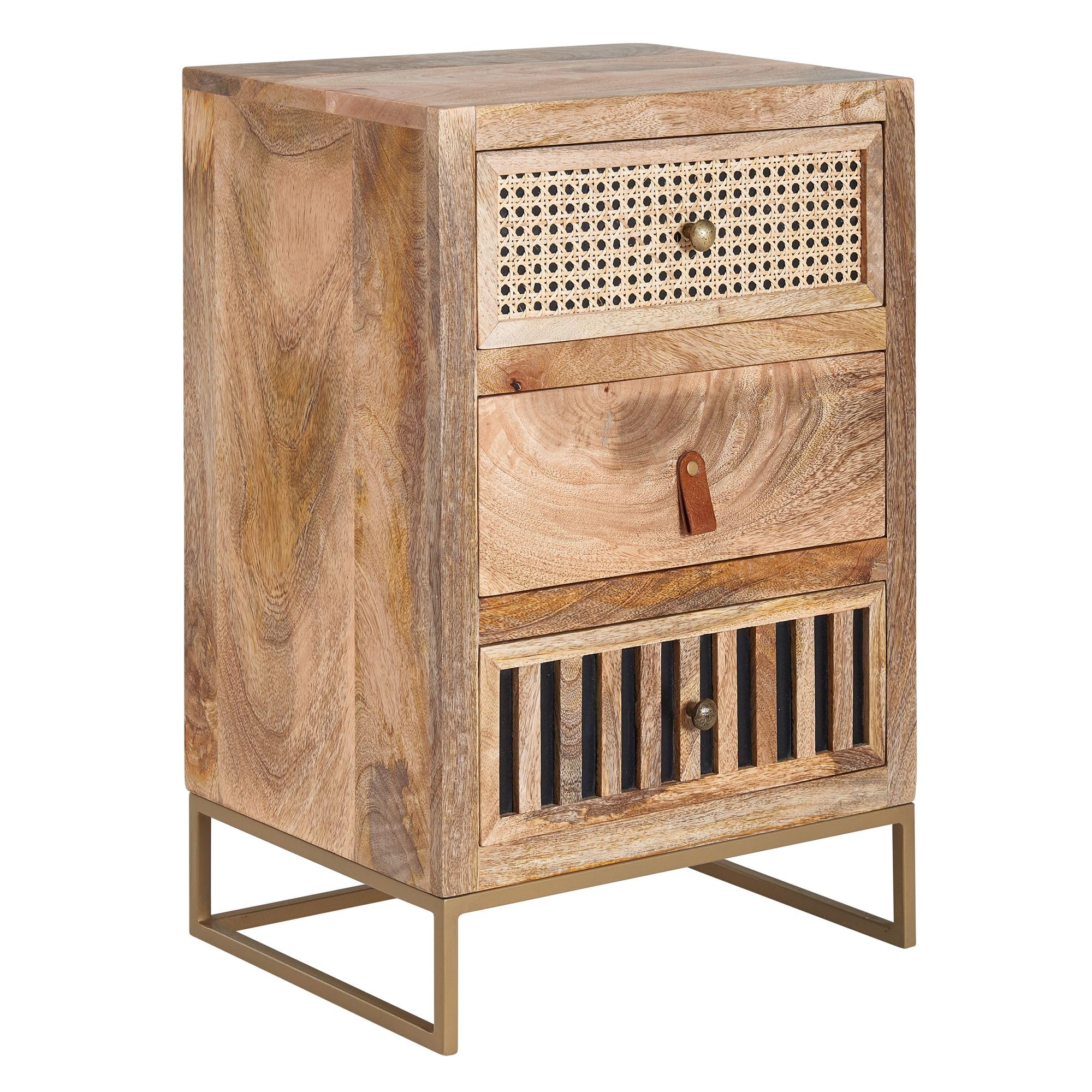 Wohnling Nachttisch Mango Massivholz/Metall 40x60x30 cm Nachtschrank Boxspringbett, Design Nachtkonsole mit 3 Schubladen, Nachtkommode Wiener Geflecht mit Stauraum