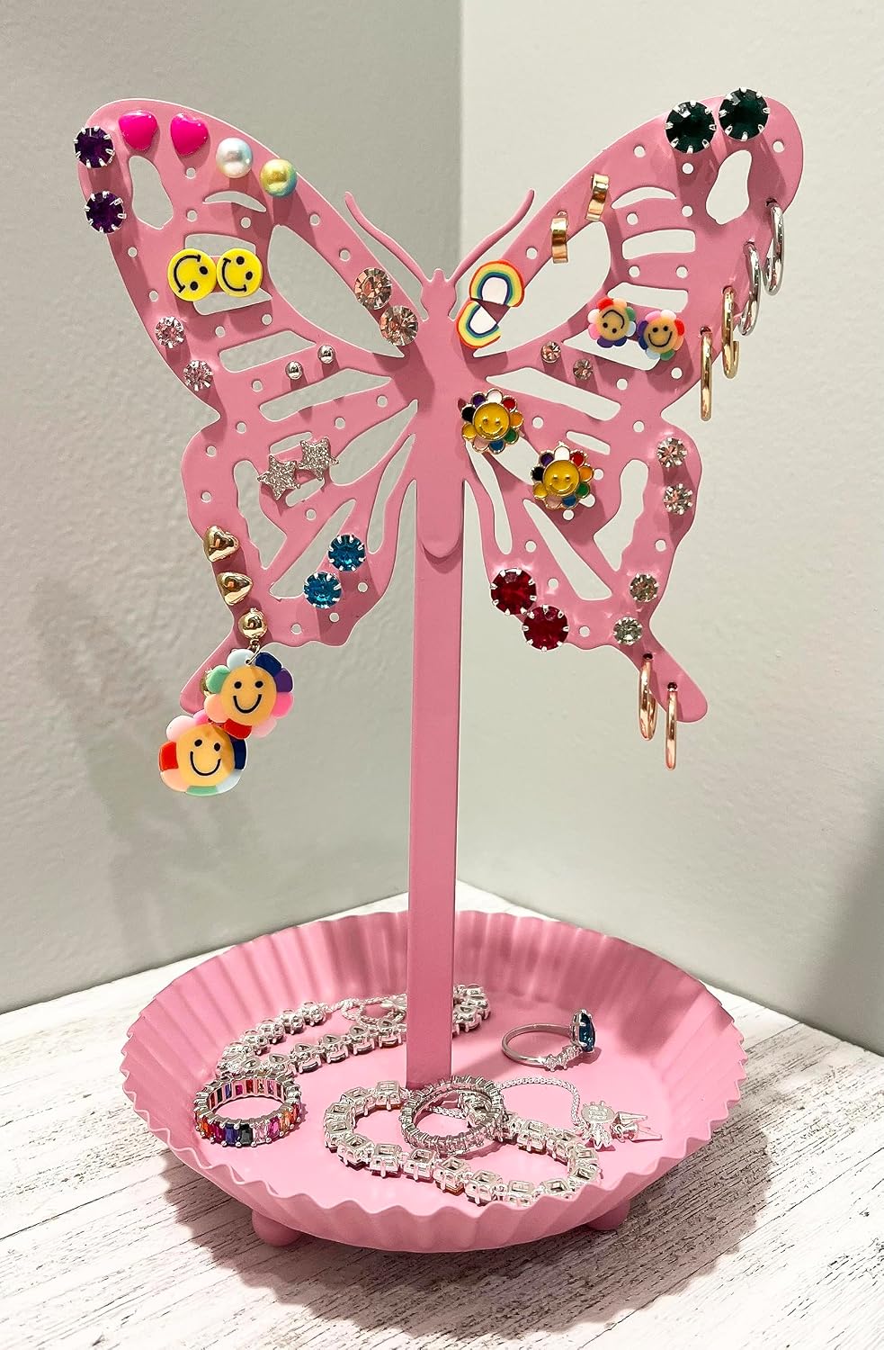 Top Brass Butterfly Earring Holder Organizer Metal Standing Jewelry Tree Display with Ring Tray (Pink)