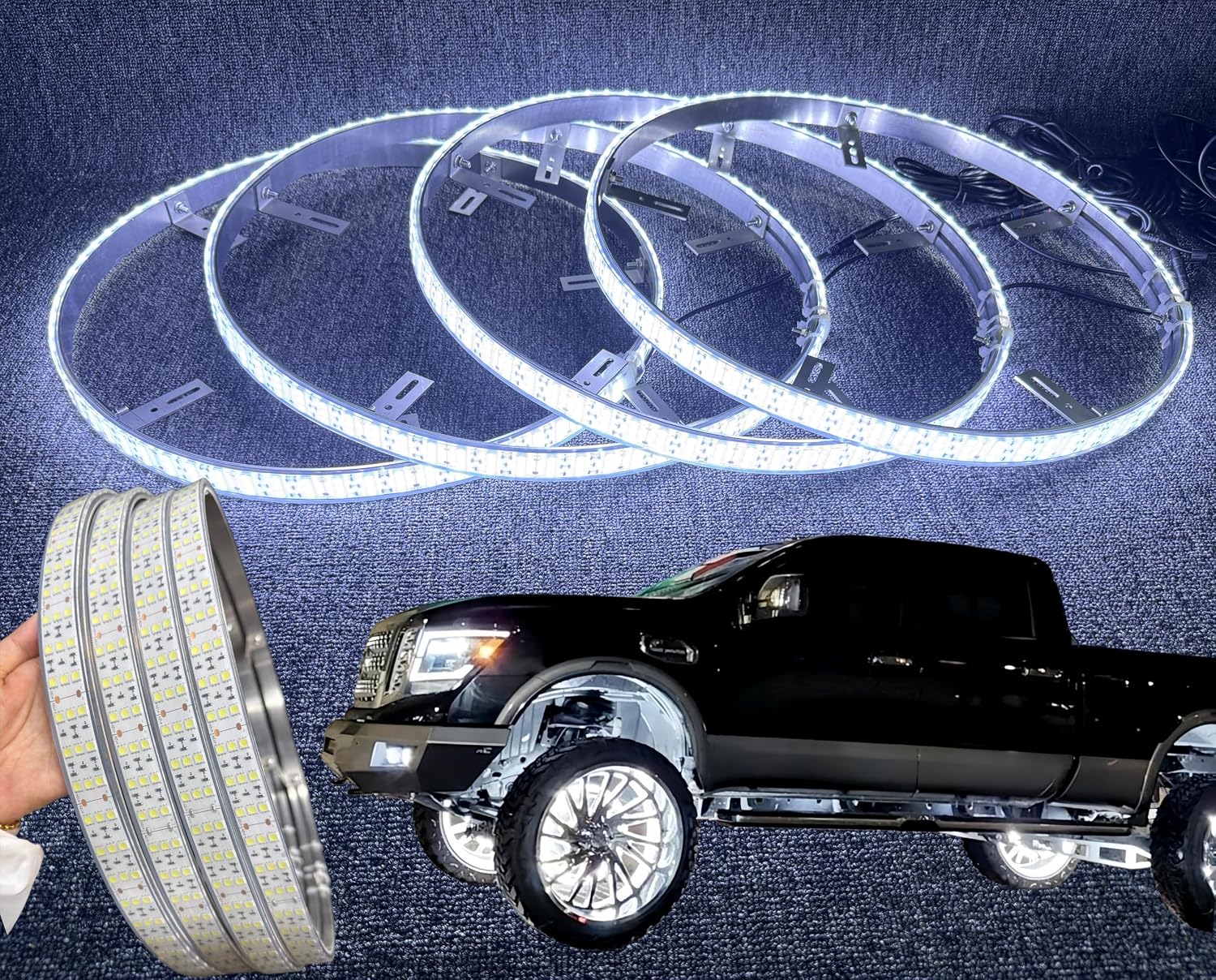 4PCS 17.5" Triple Row Pure White LED Wheel Lights - Bright High-Intensity, Strobe/Flash/Breath Modes, Bluetooth Control, for Car, Truck, SUV, Pickup