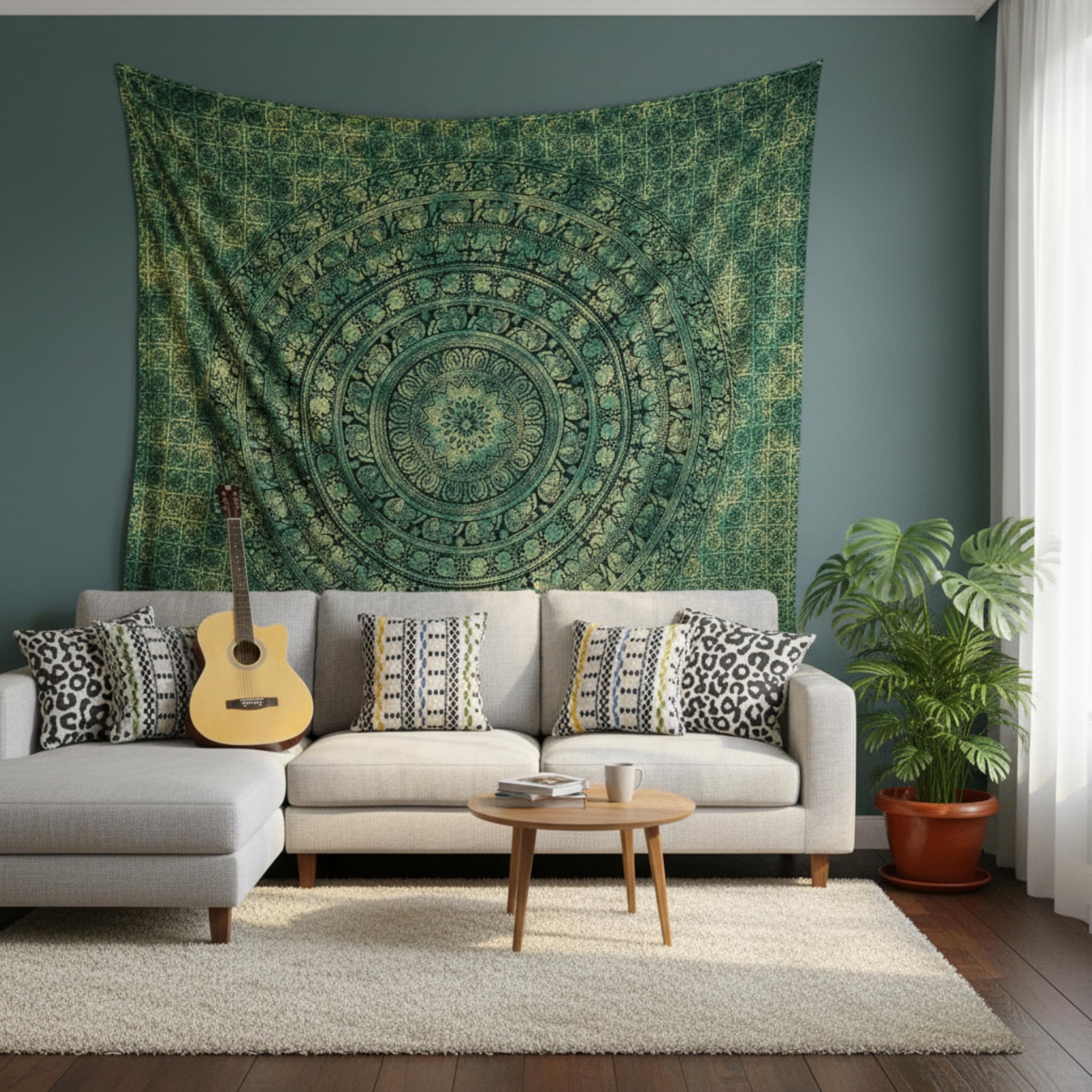 Craft Trade Mandala Verde Tapiz de Pared Indio Paño de Pared Tapestry Bohemia Colgante de Pared Tapices para Hogar Sala de Estar y Dormitorio- 228 x 274 cm