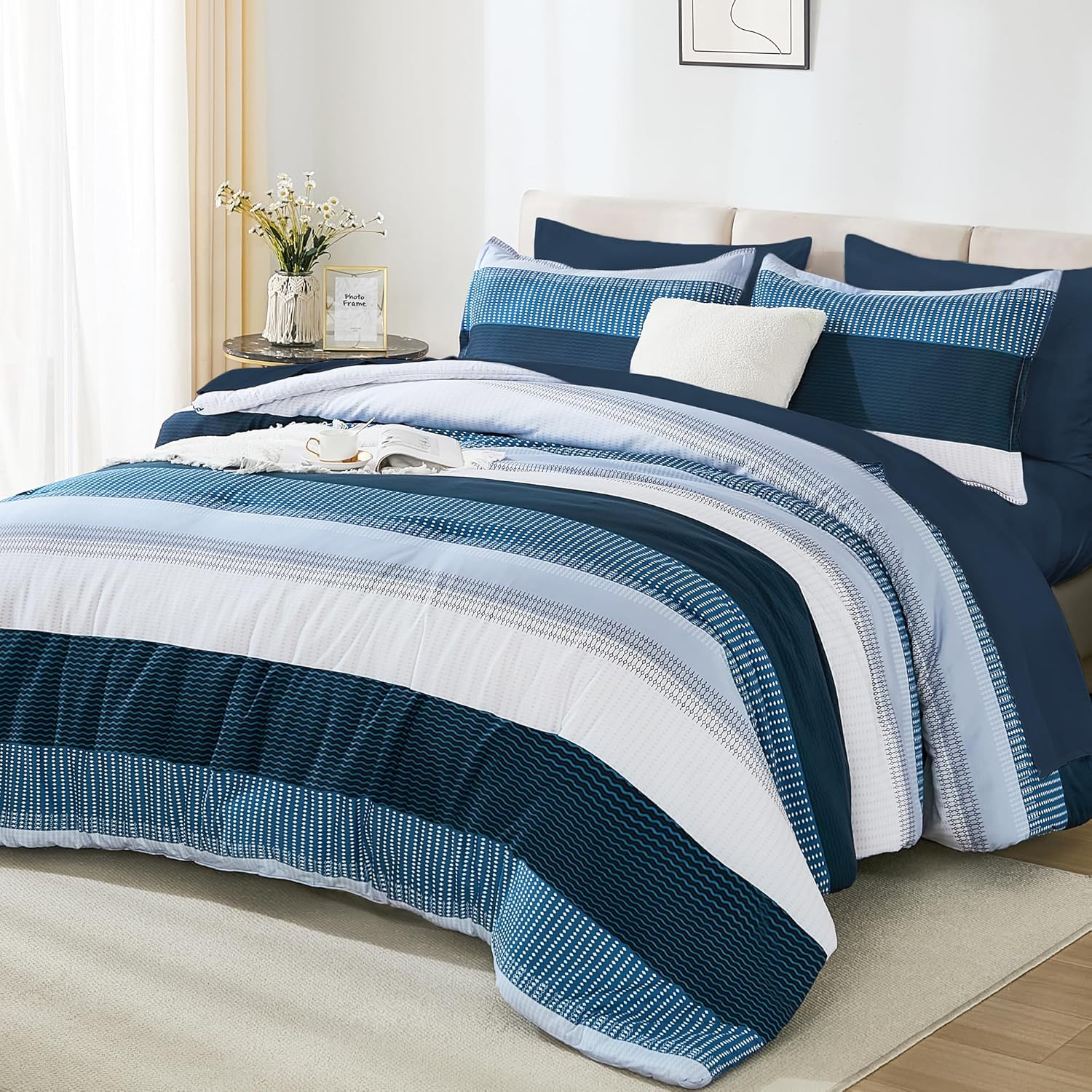 Andency Queen Comforter Set Navy - 7 Pieces Striped Bed in a Bag, Soft Microfiber All Season Patchwork Bedding Set with Comforter, Fitted & Flat Sheet, Pillowcases & Shams