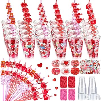 Yungyan 150 Pcs Valentines Day Plastic Cups Bulk Valentine Plastic Cups with Lid Silly Straw Raffia Stickers for Classroom Prize School Exchange Goodie Bag for Kids Students, 24 SetsLove