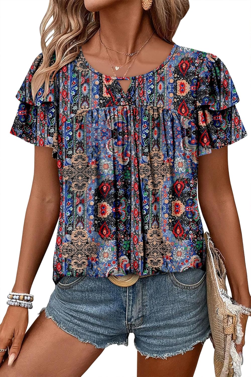 CRAZY GRID Womens Summer Tops Short Sleeve Tshirt Summer Floral Boho Shirts Casual Flowy Tee Comfy Blouses