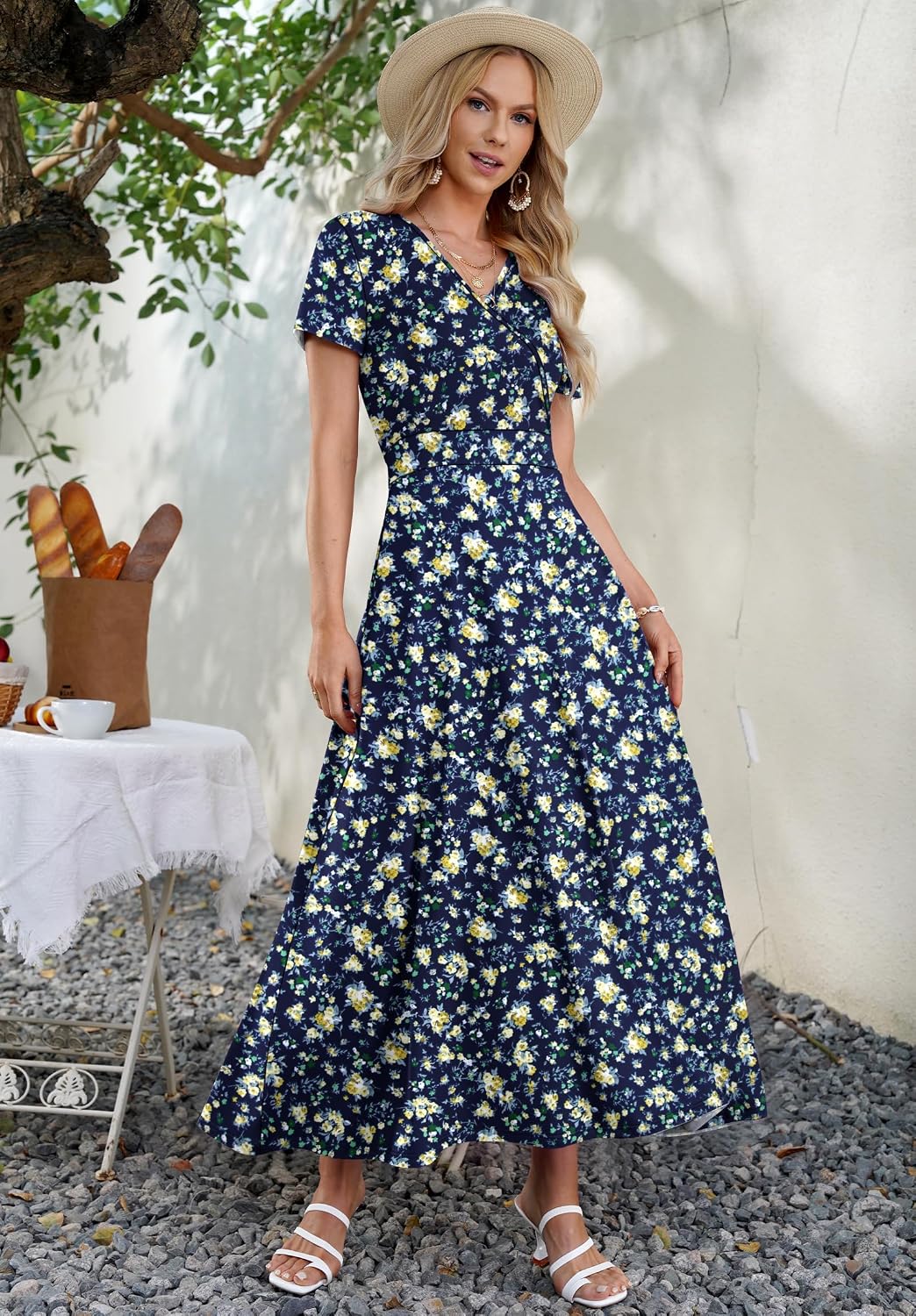 AUSELILY Maxi Dresses for Women Ankle Length Floral Print Beach Long Flowy Dress with Pockets thumbnail
