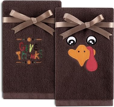 Quera 2 Pack Thanksgiving Hand Towels Turkey Embroidered Premium Luxury Decor Fall Bathroom Decorative Dish Set for Drying, Cleaning, Cooking, Autumn 13.7 x 29.5,Brown,Give Thanks.