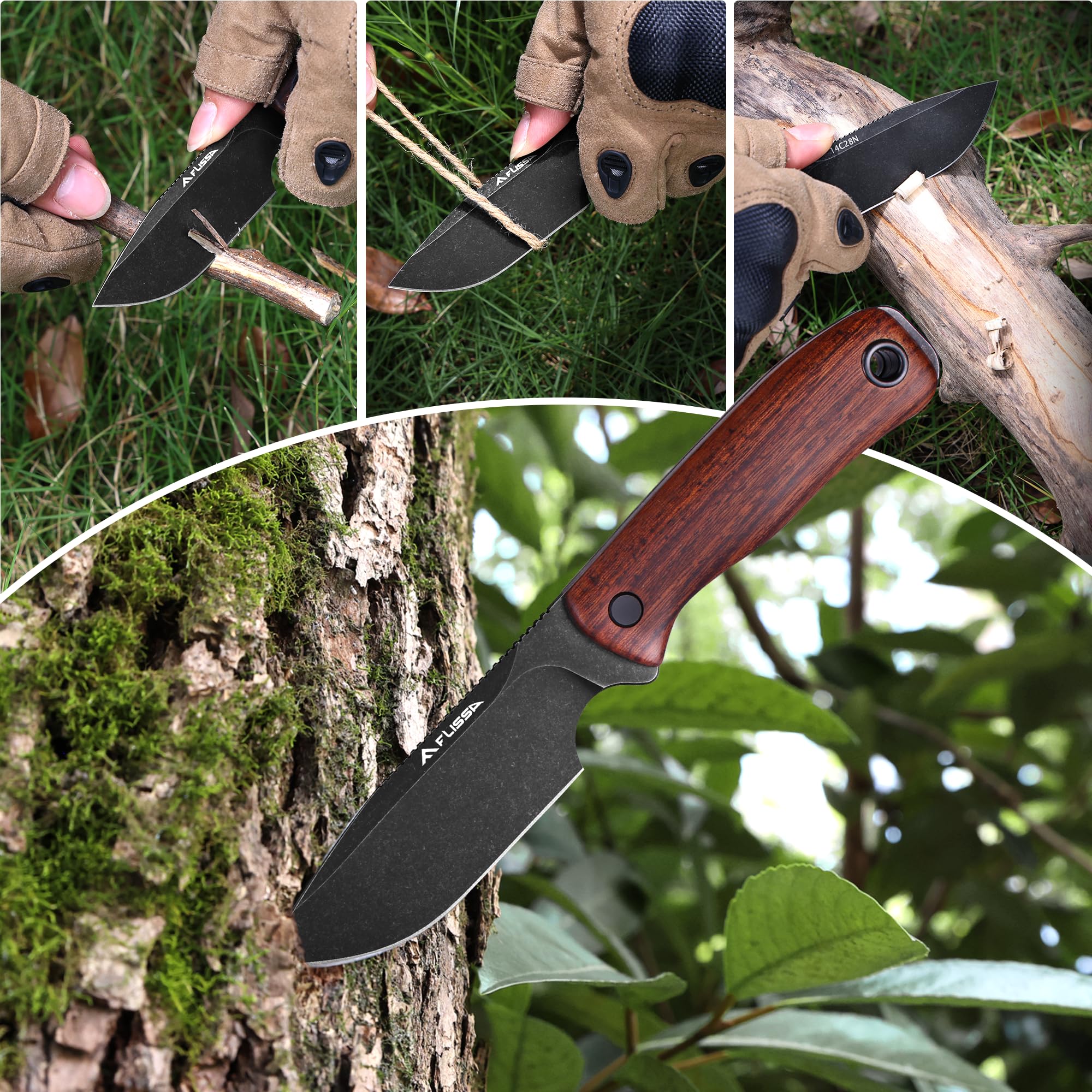 FLISSA Couteau à Lame Fixe 14C28N, Couteau Pleine Soie (Full-Tang) avec Manche en Bois d’Ébène et Étui, Idéal pour Camping, Randonnée, Alpinisme, Voyage