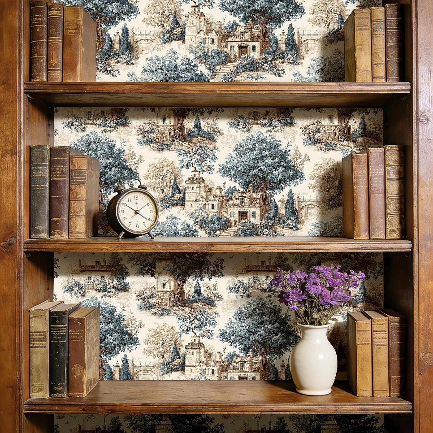 ReWallpaper French Country Wallpaper Peel and Stick Classic Blue Toile Wall Paper Removable Wallcovering for Bedroom Dining Area Living Room Bathroom Accent Wall Vintage Scenic Decor 17.5in x 23ft
