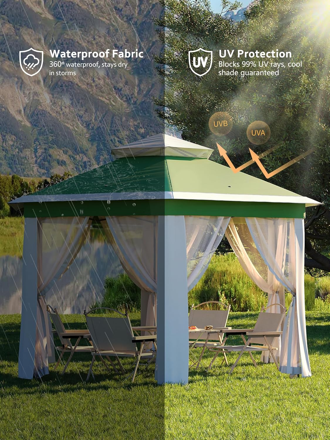 Garvee Pop Up Gazebo Screen Tent,Hexagonal Instant Gazebo Tent with Mosquito Netting Outdoor Canopy,6 Sided Sun Shelter 13x13ft with Mesh Netting,Pavilion Tents for Patio,Green+Beige
