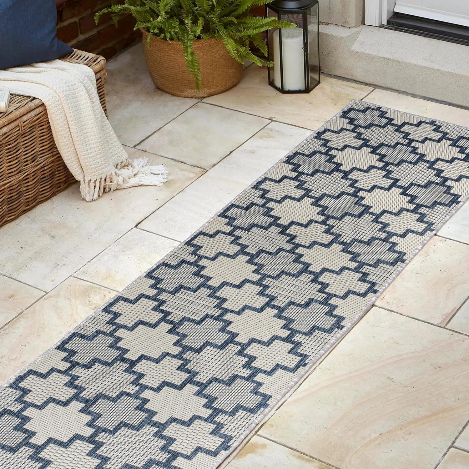JONATHAN Y Geometric Tile Pattern Indoor Outdoor Runner Rug 2X8 Navy/Cream, Cyrus Modern for Backyard, Patio, Porch, Easy-Cleaning, High Traffic, Pet-Friendly, Non-Shedding (TSN200B-28)