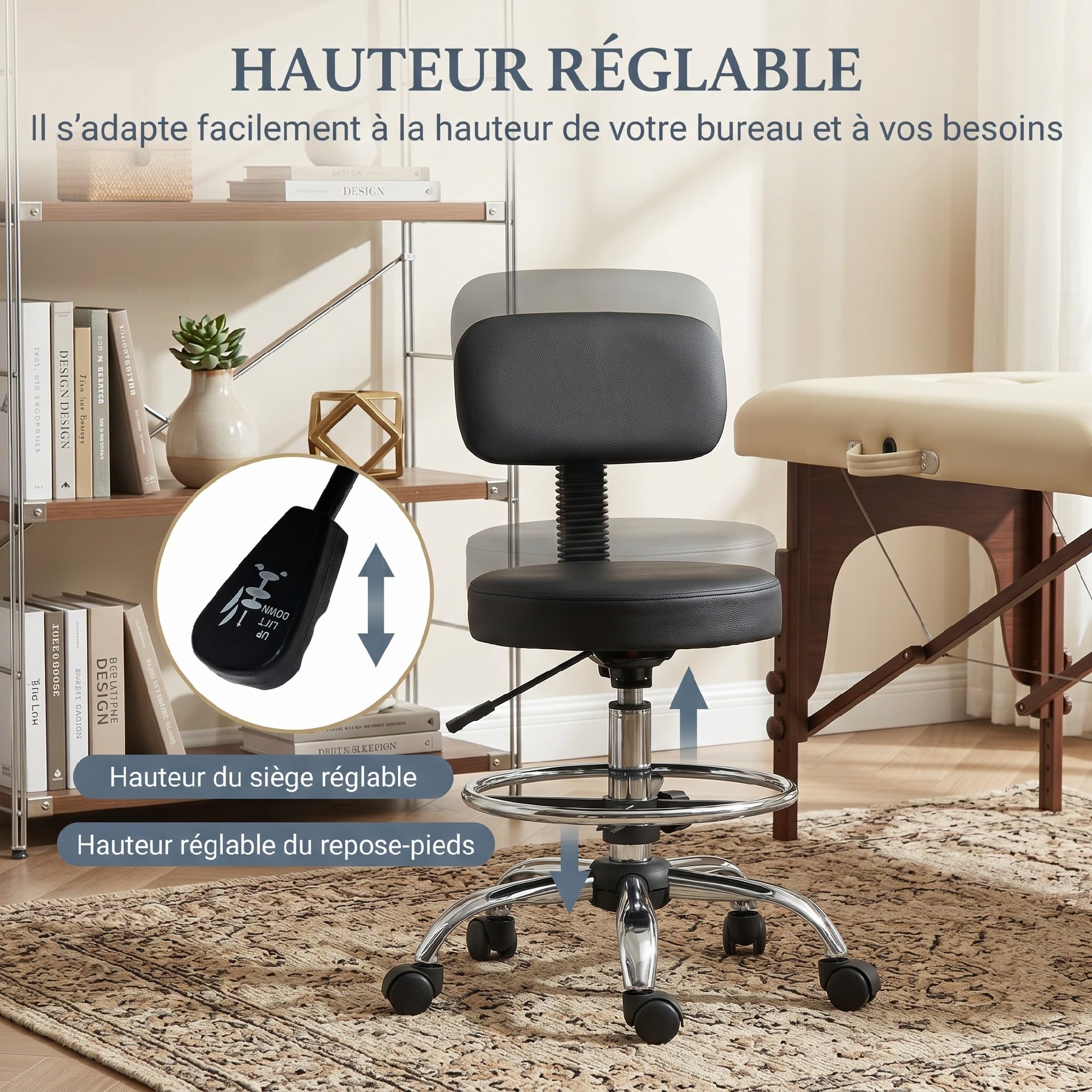 HOMCOM Chaise de Bureau Ergonomique Dossier Réglable Repose-Pieds Noir | Chaise de Dessin Sans Accoudoirs, Hauteur Ajustable, Pivotante à 360°, Tabouret Bureau