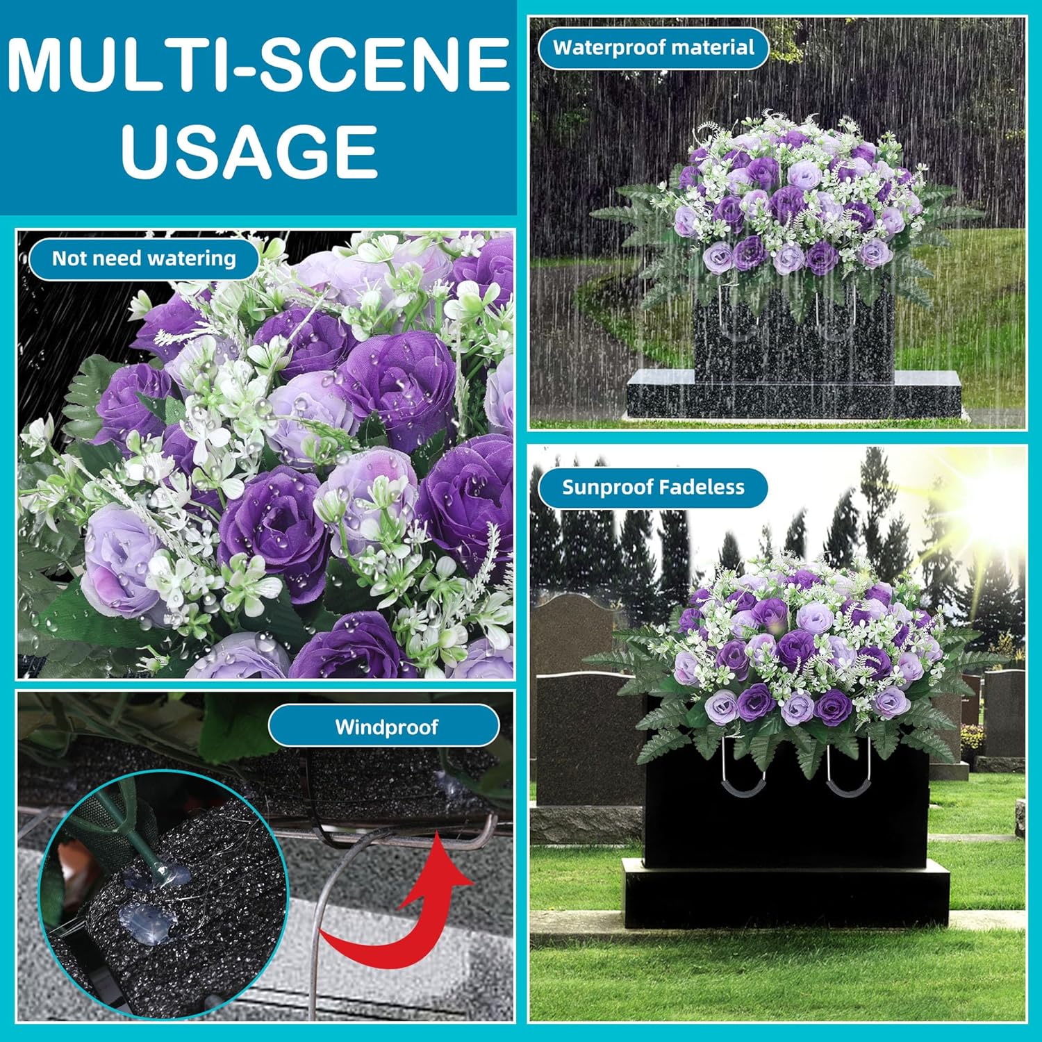 Headstone Flower Saddle,Large Artificial Cemetery Flowers for Grave,Cemetery Memorial Flowers for Outdoor Tombstone Decorations (Purple)