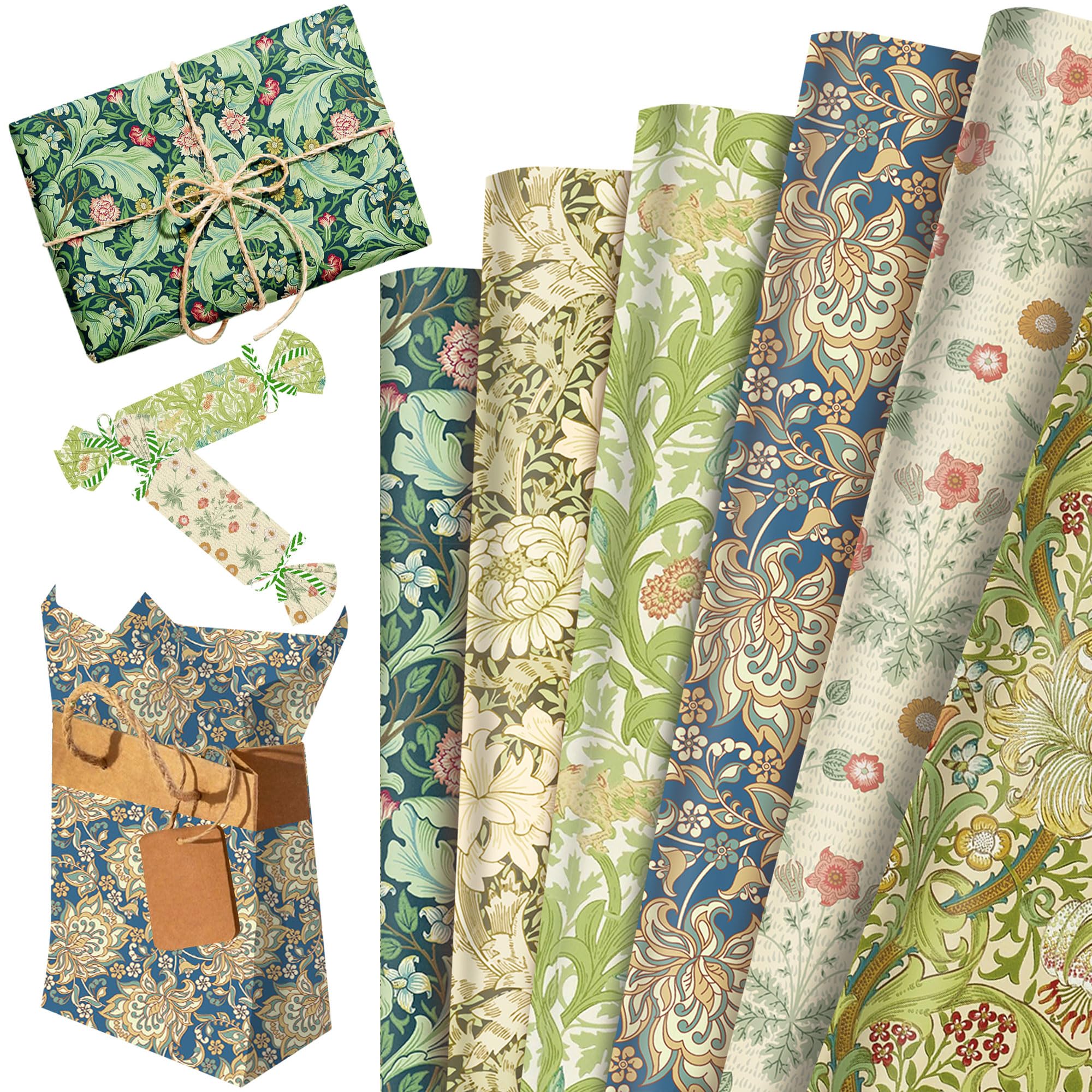 12 Sheets Floral William Morris Wrapping Paper Greenery Gift Wrap Papers Decorative Art Paper for DIY Crafts Birthday Bridal Shower Wedding Party Favors Supplies