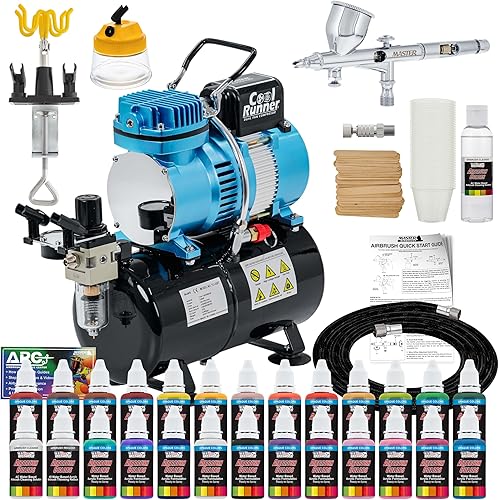 Master Airbrush Cool Runner II Dual Fan Air Storage Tank Compressor System Kit with a G44 Fine Detail Control 0.2mm Tip Airbrush, 24 Color Acrylic Paint Artist Set, Holders, Cleaning Pot, How-To Guide