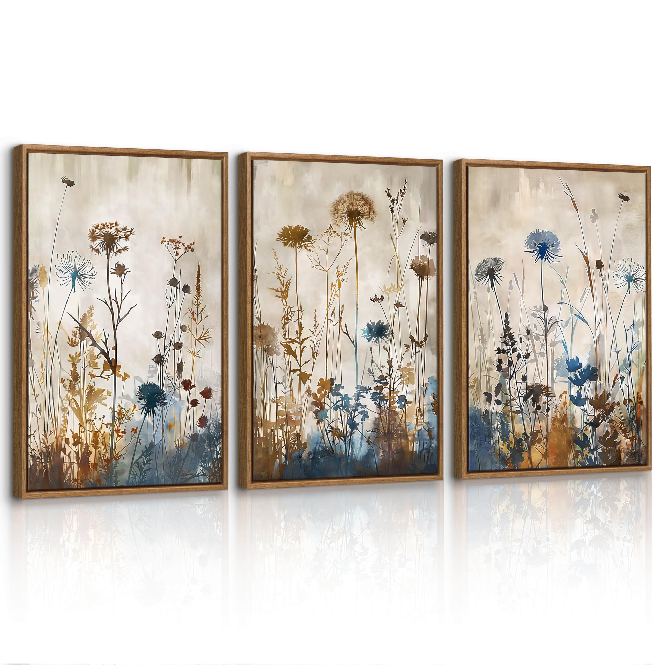 3 Pcs Minimalist Plants Dandelion Framed Canvas Wall Art Set, Blue Brown Flowers Botanical Wall Decor Nordic Rustic Style Wall Painting Art Prints Pictures for Living Room Bedroom Office 30X40cmX3 — image 1