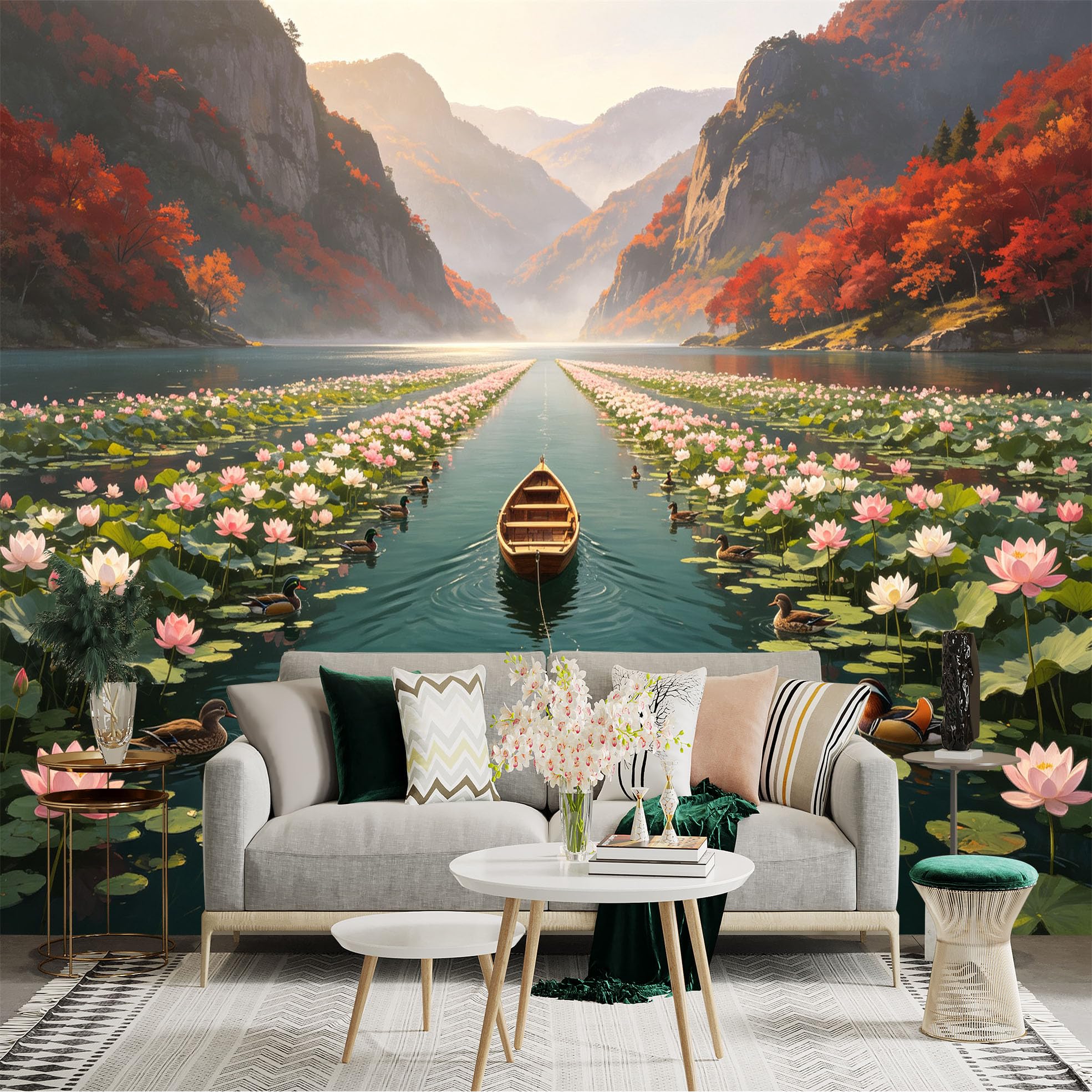 Custom Size Wall Sticker Mural， Wooden Boat on Lotus Pond， Autumn Mountains， Scenic River， Peaceful Nature Landscape， for wall Decoration， peelandstick wall Decals.