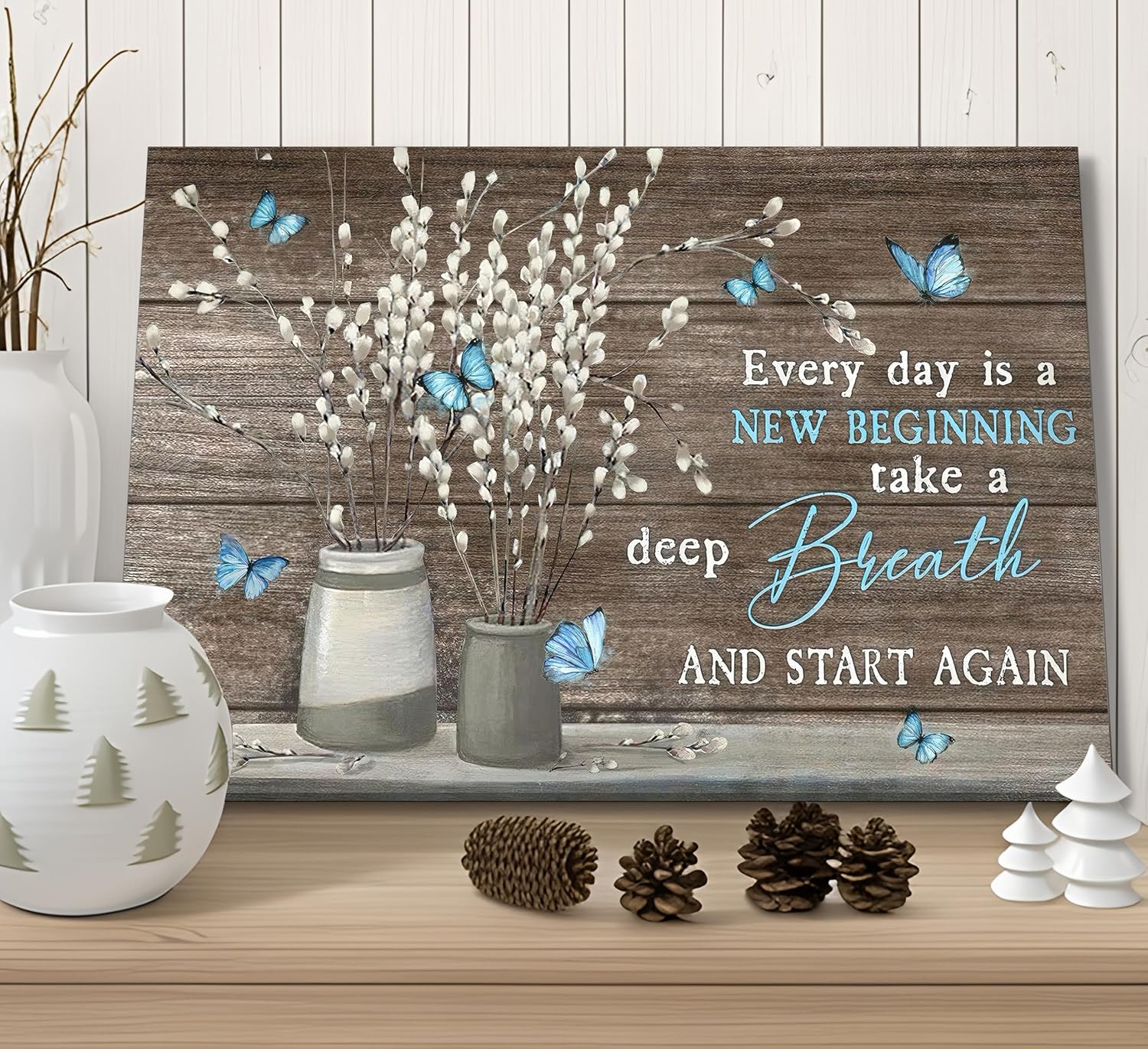 Farmhouse Bathroom Canvas Wall Art Vintage Rustic Country Flower Blue Butterfly Painting Picture Wall Decor Every day is a new beginning Poster Print Artwork for Living Room Bathroom Home Decoration