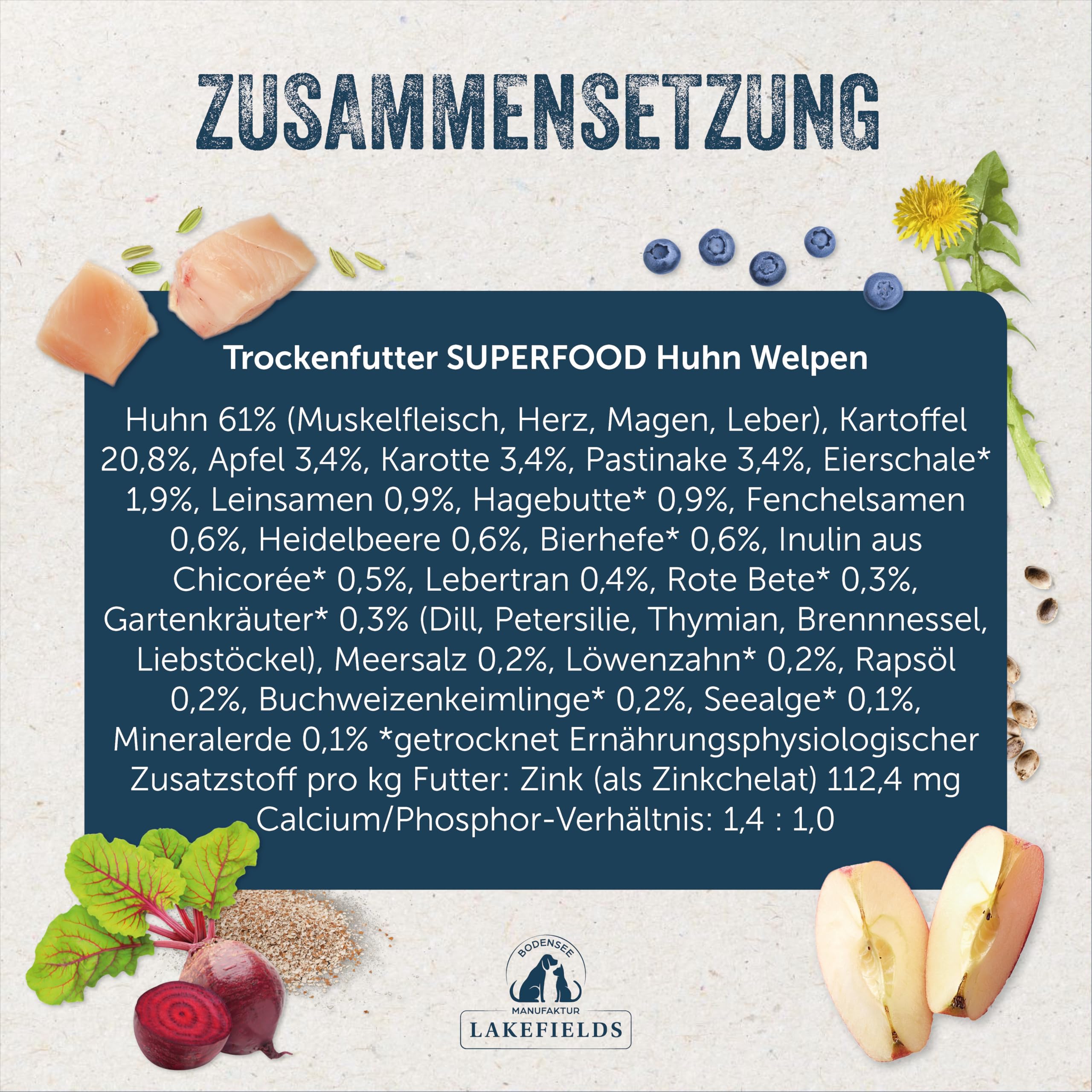 Lakefields SUPERFOOD | Premium Welpenfutter trocken | 61% Huhn | 4 x 1kg | Getreidefreies Trockenfutter für Welpen | Mit Leinsamen, Heidelbeeren & Bierhefe | Von Tierärzten entwickelt