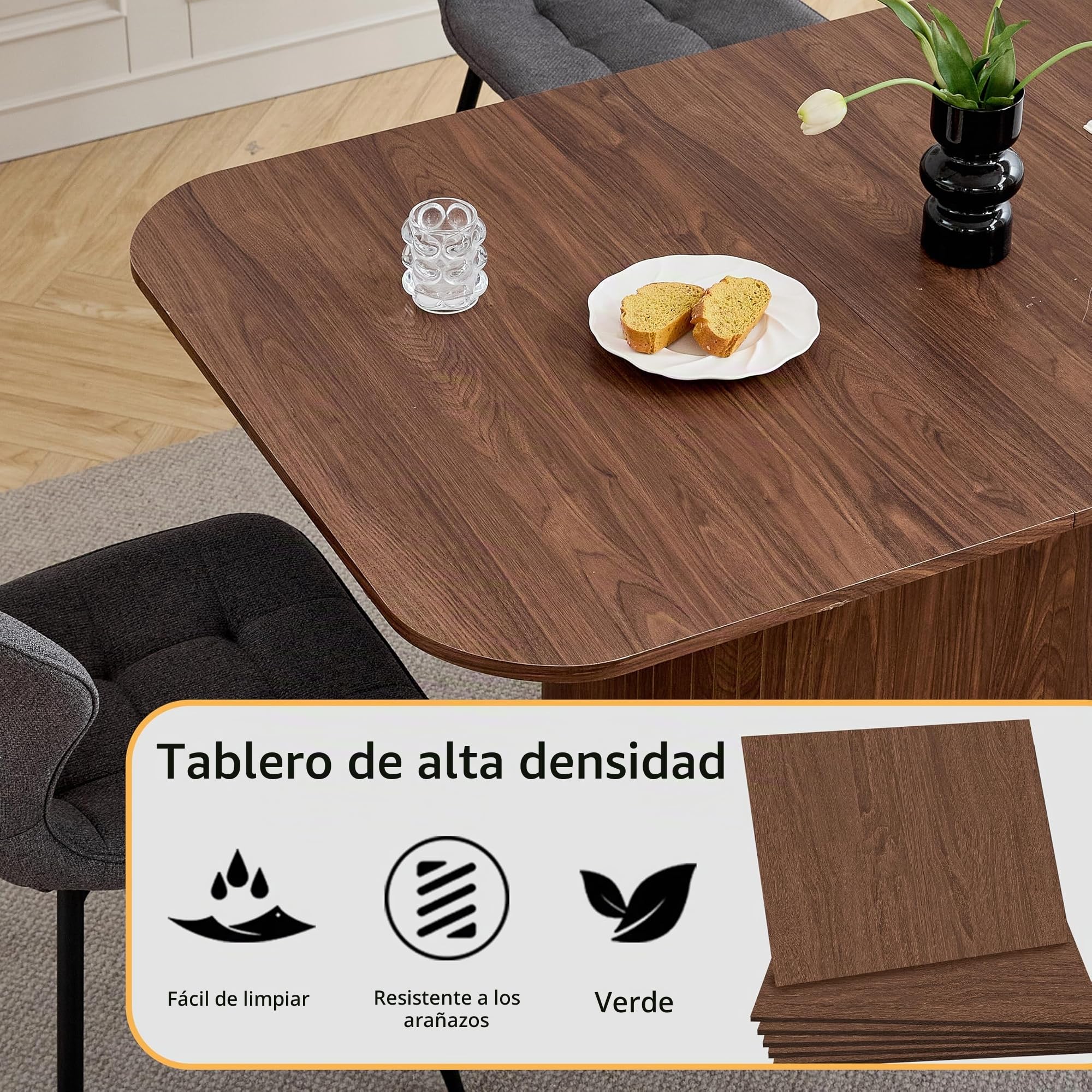 GrandCA HOME Mesa de Comedor Rectangular con Esquinas Redondeadas, Moderna Mesa de Comedor de 160 cm con Base de Madera, Amplia Superficie de Trabajo de MDF, 4-8 Personas, Color Travertino Amarillo