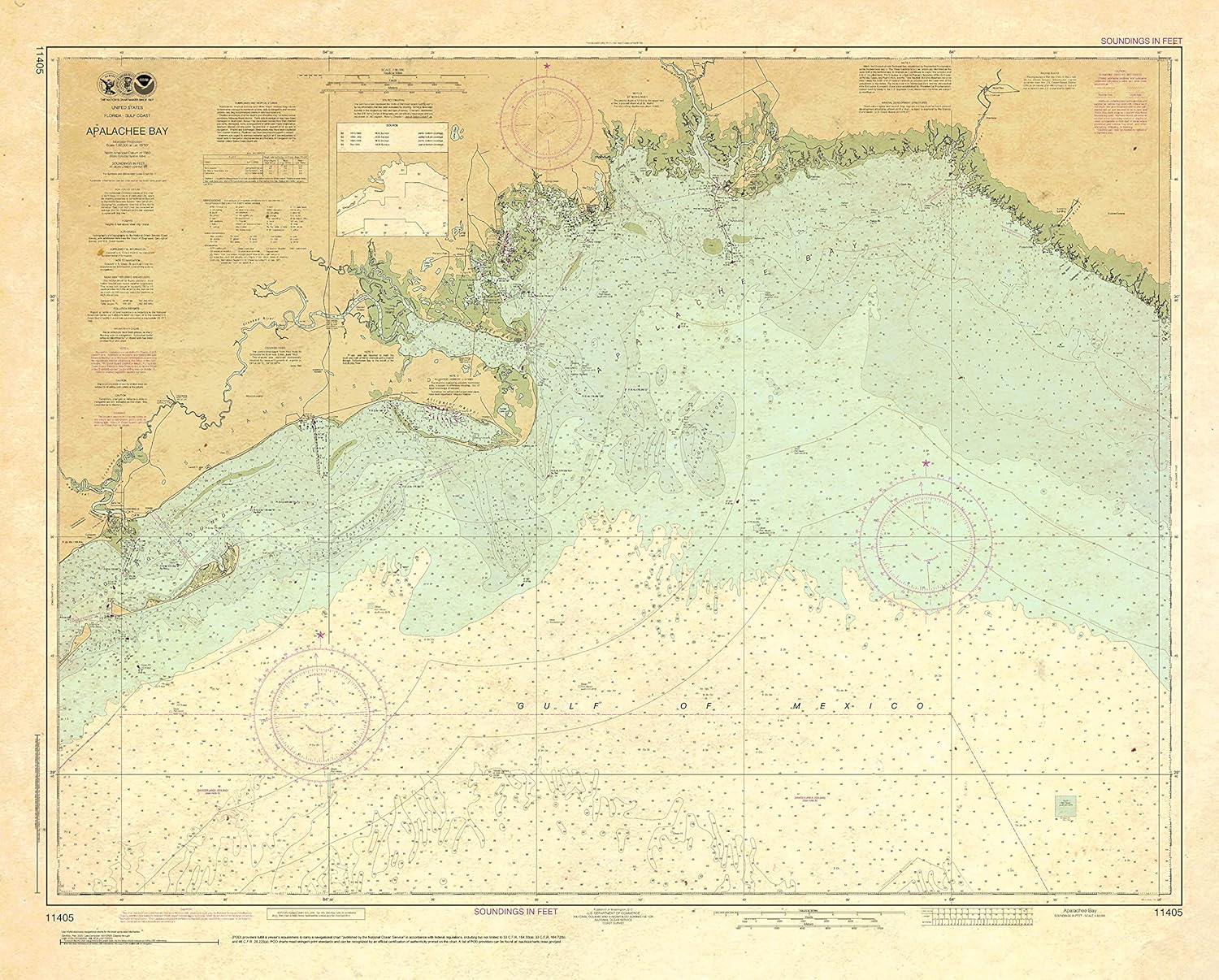 Paradise Cay Publications, Inc. Antiqued NOAA Chart 11405: Apalachee Bay