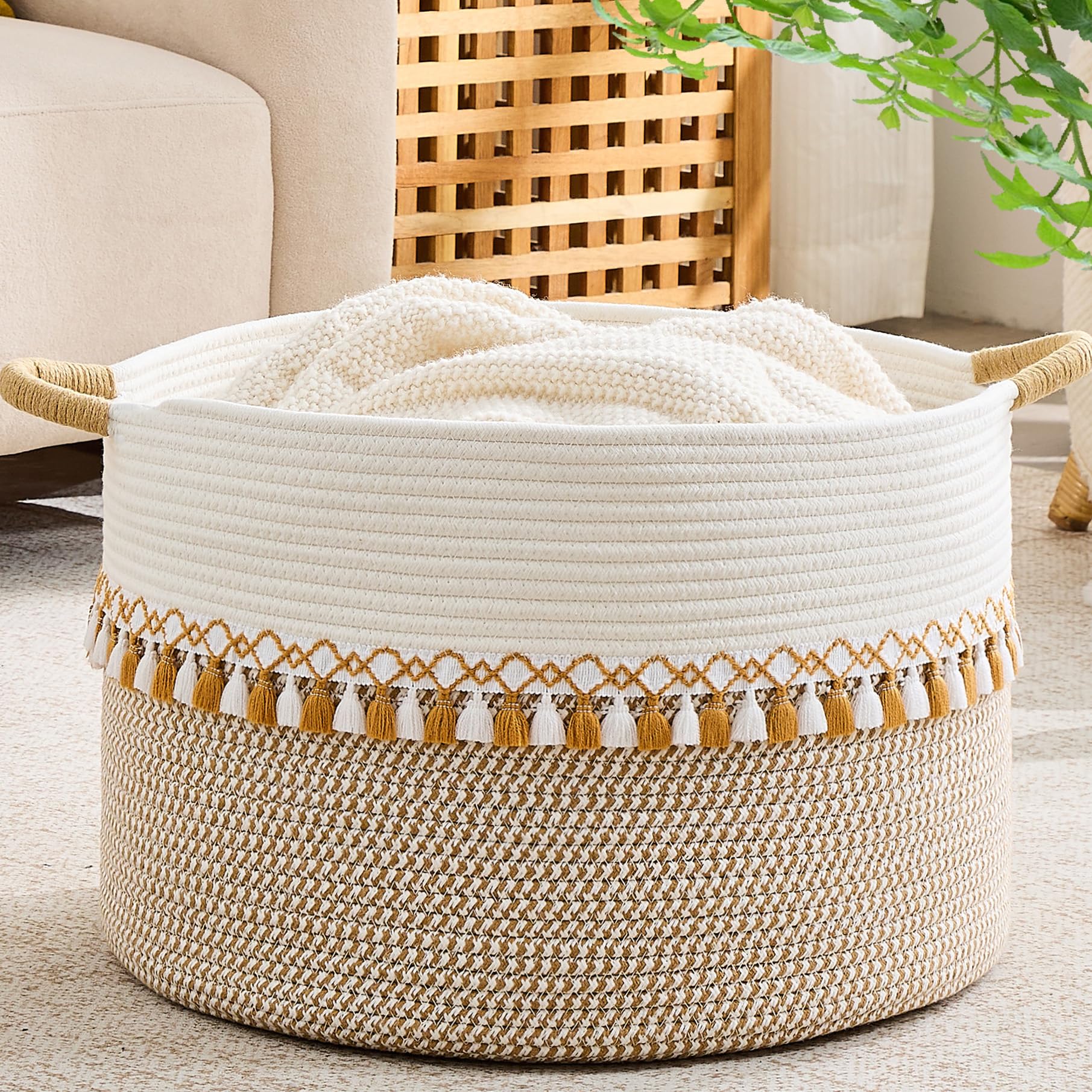 Photo 1 of KAKAMAY Cotton Rope Storage Basket (20"x13"),Woven Hamper for Blankets,Toys,Pillows,Clothes,Laundry,Sturdy Handles Decorative Basket for Living Room, Bedroom,Nursery(Brown/Grey)