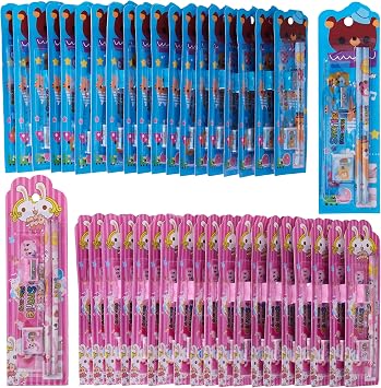 THE TWIDDLERS - 40 Kids Stationery Sets, 20 Pink & 20 Blue - Contains Two Pencils, Ruler, Sharpener & Eraser - Multipack Perfect Party Bag Fillers For Kids, Classroom School Prizes