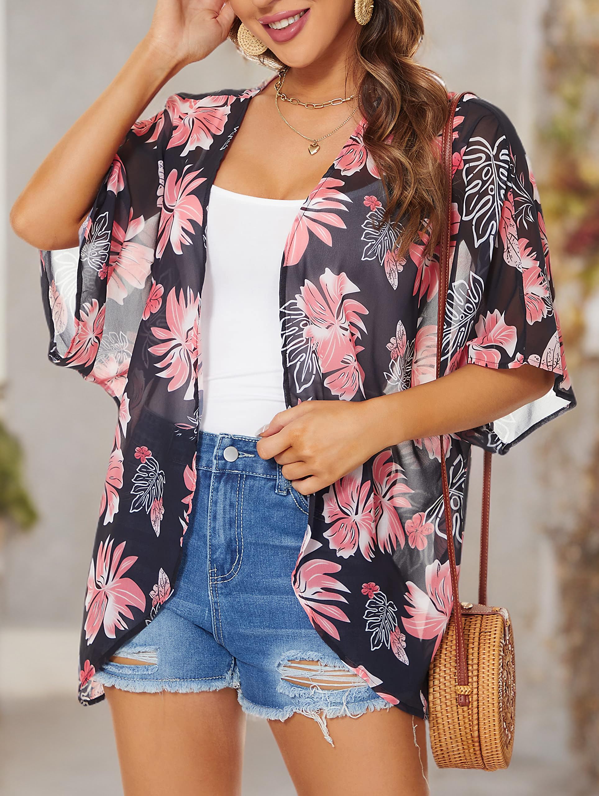 Damskie kimono, plażowe, szyfon, kardigan, kwiaty, topy, luźne peleryny, czarno/różowy, XXL