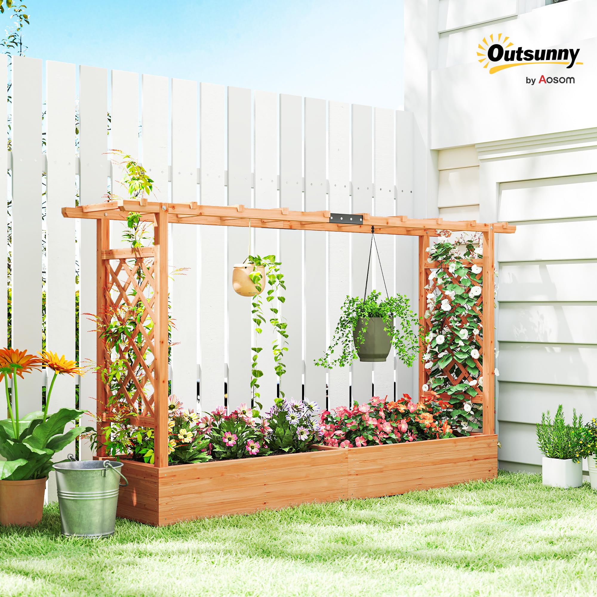 Outsunny Jardinière Surélevée avec Treillis Latéral et Supérieur, bac à Fleurs, lit surélevé Trous de Drainage, pour Plantes grimpantes, Fleurs, extérieur, Bois Massif, 200x44x113,5cm, Bois Naturel