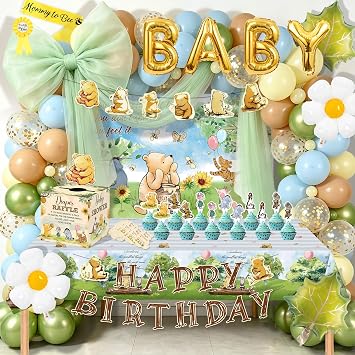 Classic Winnie Bear Baby Shower Decorations, 153Pcs Neutral All-In-One Vintage Pooh Baby Shower Supplies, Balloon Arch Baby Boxes Backdrop Tablecloth Mom To Be Sash Kit for Boys Girls