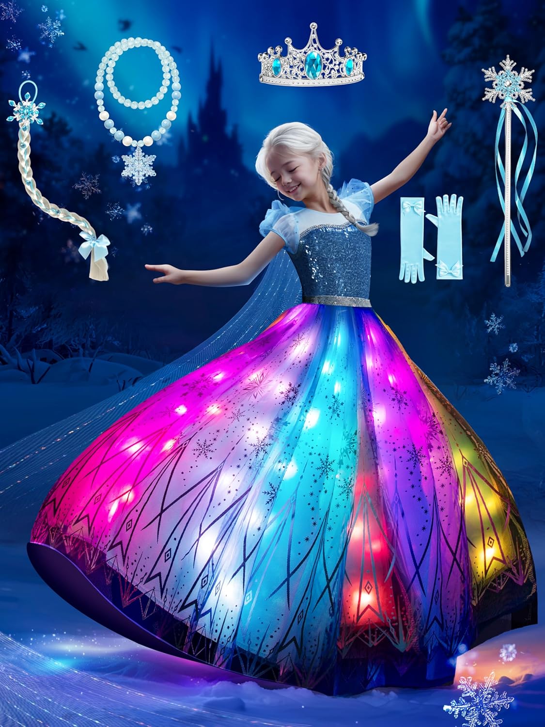 Princess Costume for Girls, RGB Light Up Toddler Dress up & Syncs Music App Control with Accessories for 3-10 Girls