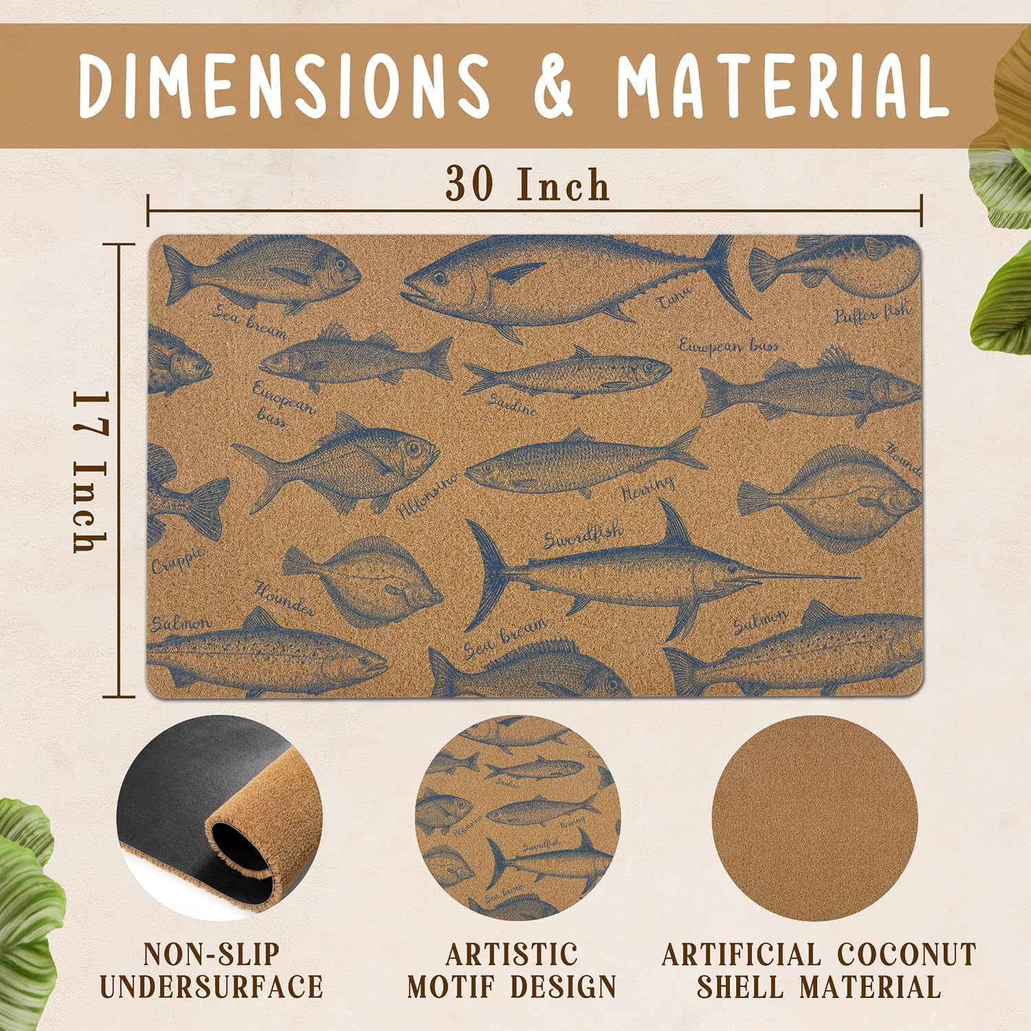 Coastal Blue Fish Door Mat, Navy Blue Fish Front Door Mat Outside Entrance, Coastal Ocean Fishes Artificial Coir Doormat Rugs for Indoor Porch Patio Entry Entryway Outdoor, 17x30 Inch