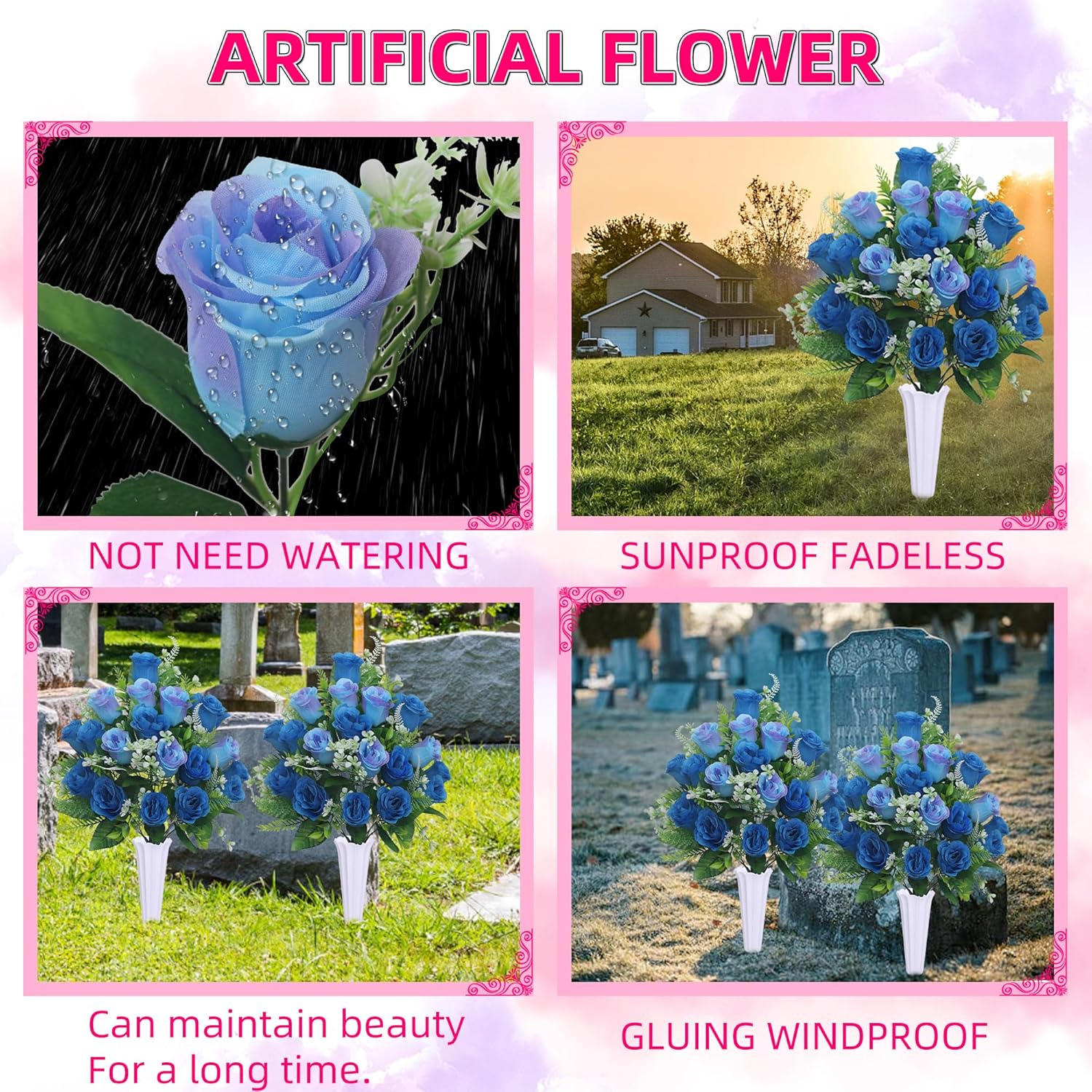 Set of 2 Artificial Cemetery Flowers, Grave Memorial Flowers with Vase, Outdoor Grave Decorations Roses for Cemetery Headstones Decoration (Blue) - Image 4