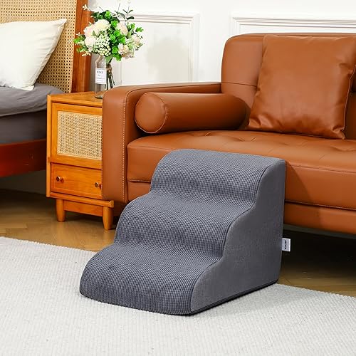 Dog Stairs for Small Dogs 15.7" H, 3-Step Pet Stairs with High-Density Foam, Curved Ramp Design for Puppies, Medium Pets and Older Cats, Dog Steps for Bed, Couch or Sofa, 15.7 × 22.4 × 15.7 Inch, Gray(Grey (Linen Side),15.7x22.4x15.7 in,3)