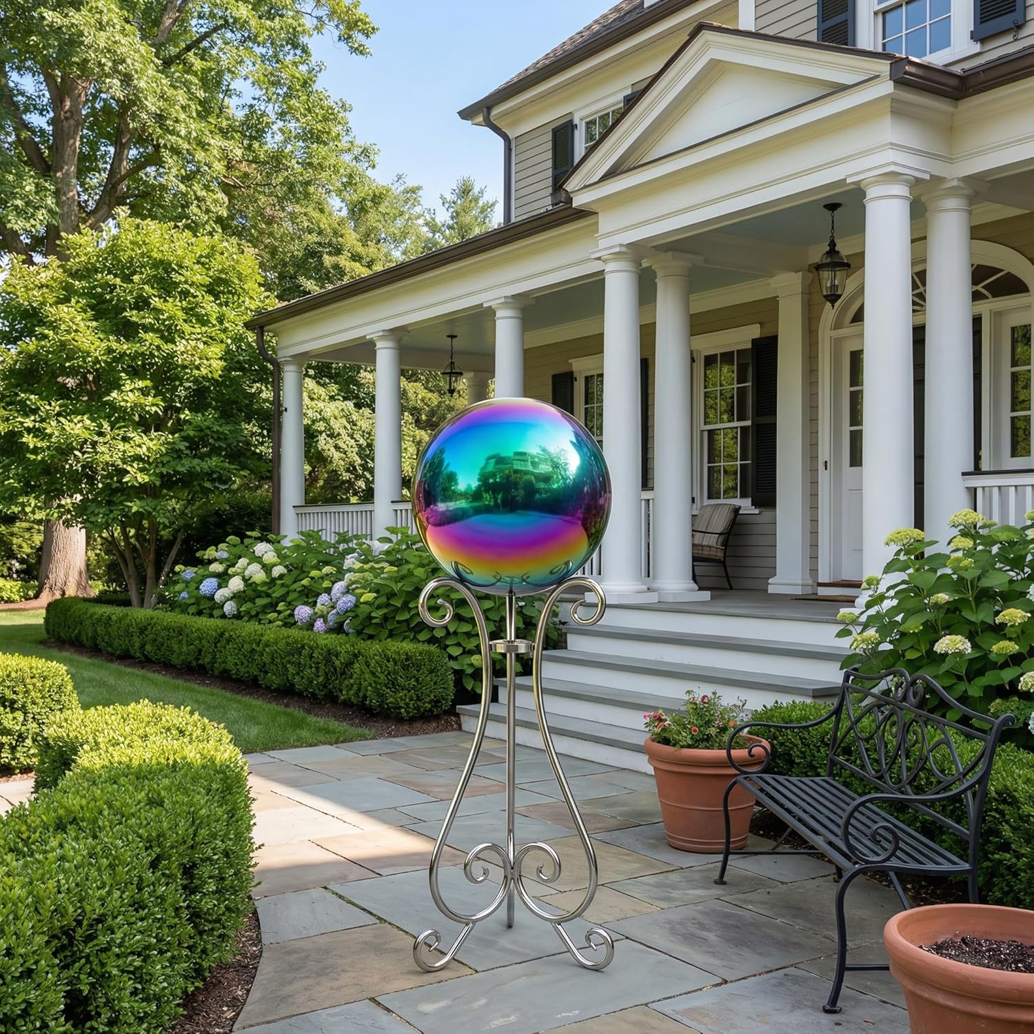 10 inch Diameter Gazing Ball,Rainbow Stainless Steel Polished Reflective Smooth Garden Sphere Globe Mirror,Colorful and Shiny Addition to Any Garden or Home