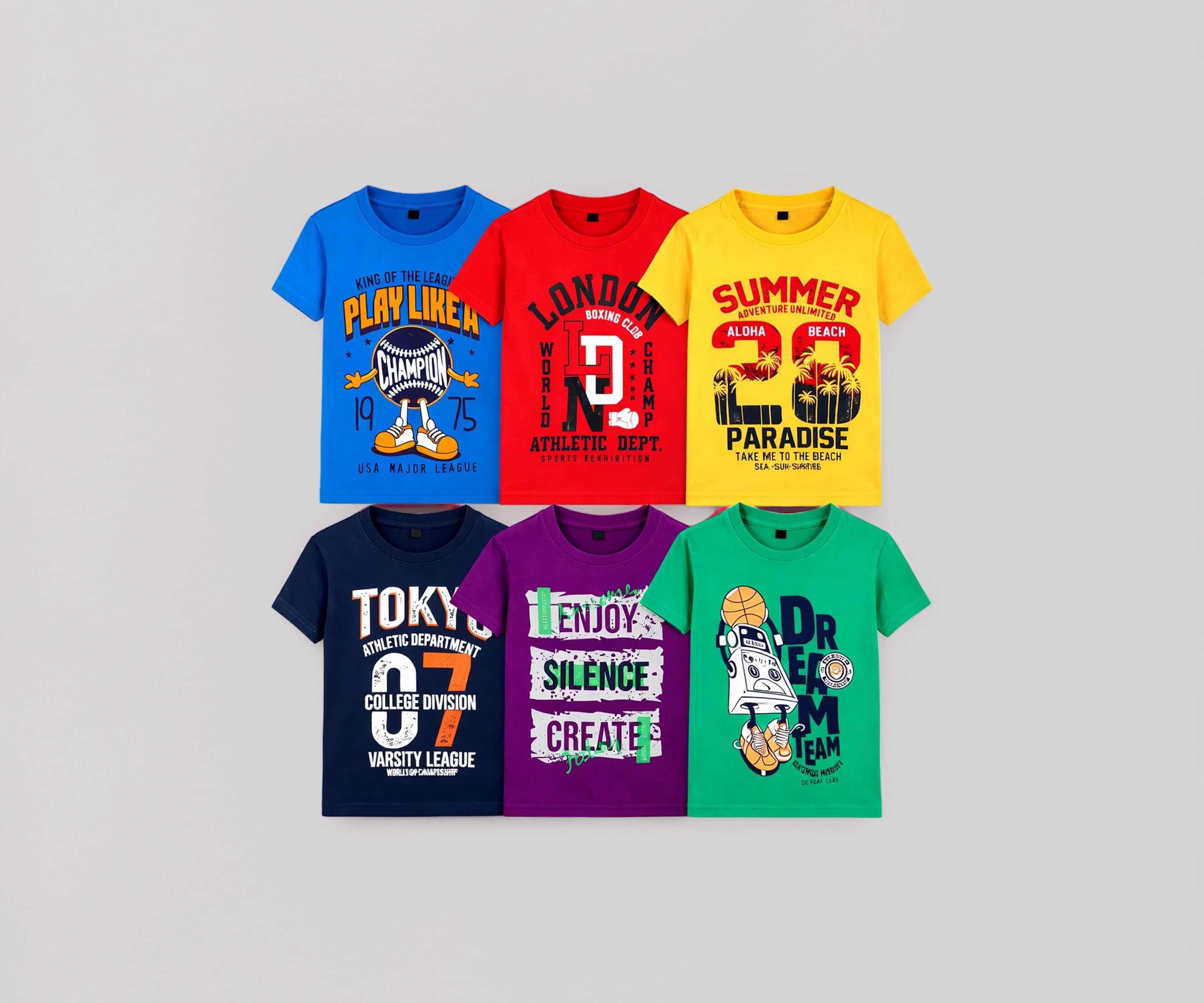 T2F Boy's Cotton Printed Regular Fit T-Shirt (Pack of 6)