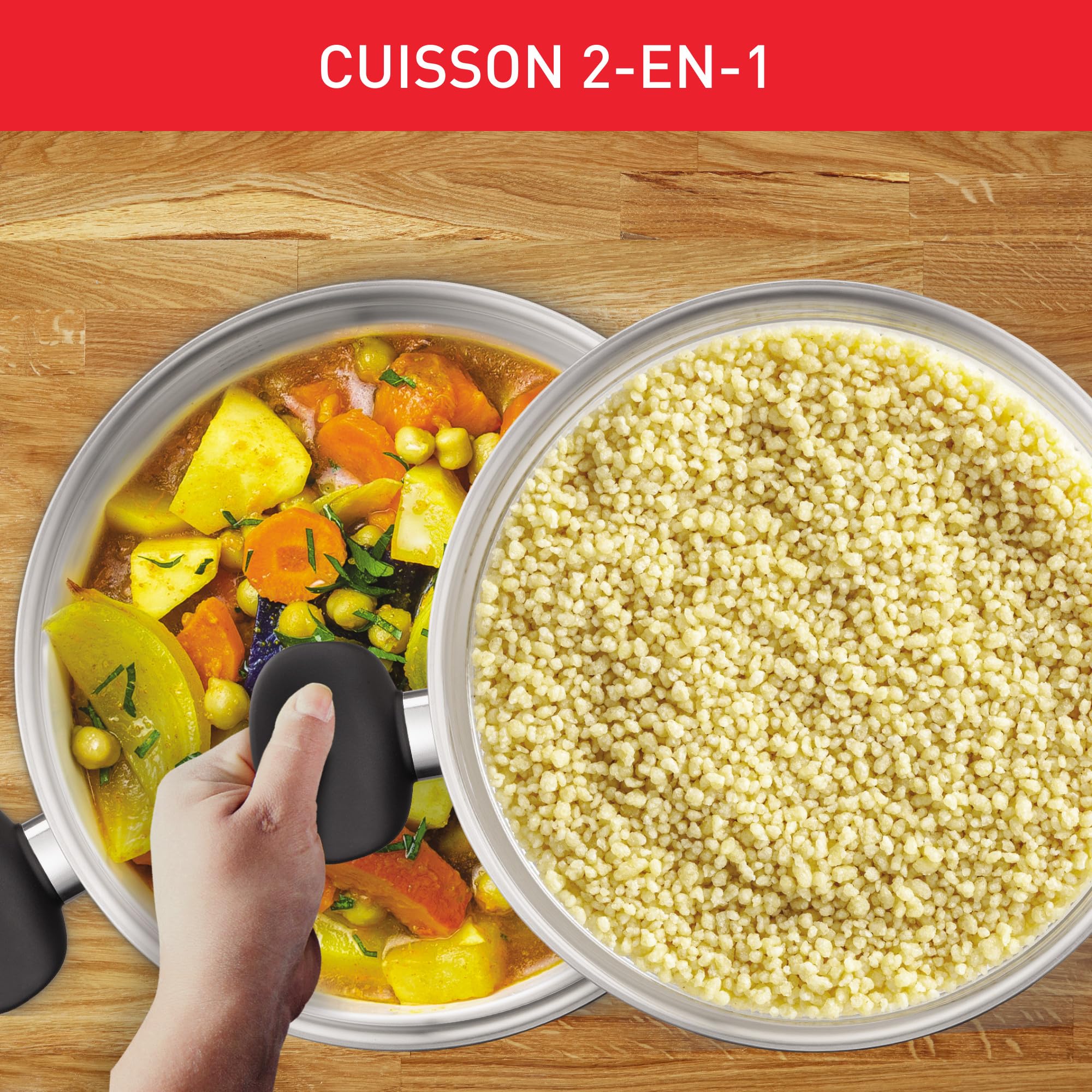 Tefal Couscoussier 24cm et panier vapeur, 4-5 personnes, Induction, panier vapeur petits trous, Couvercle en verre, 6,7L, Primary E3089504