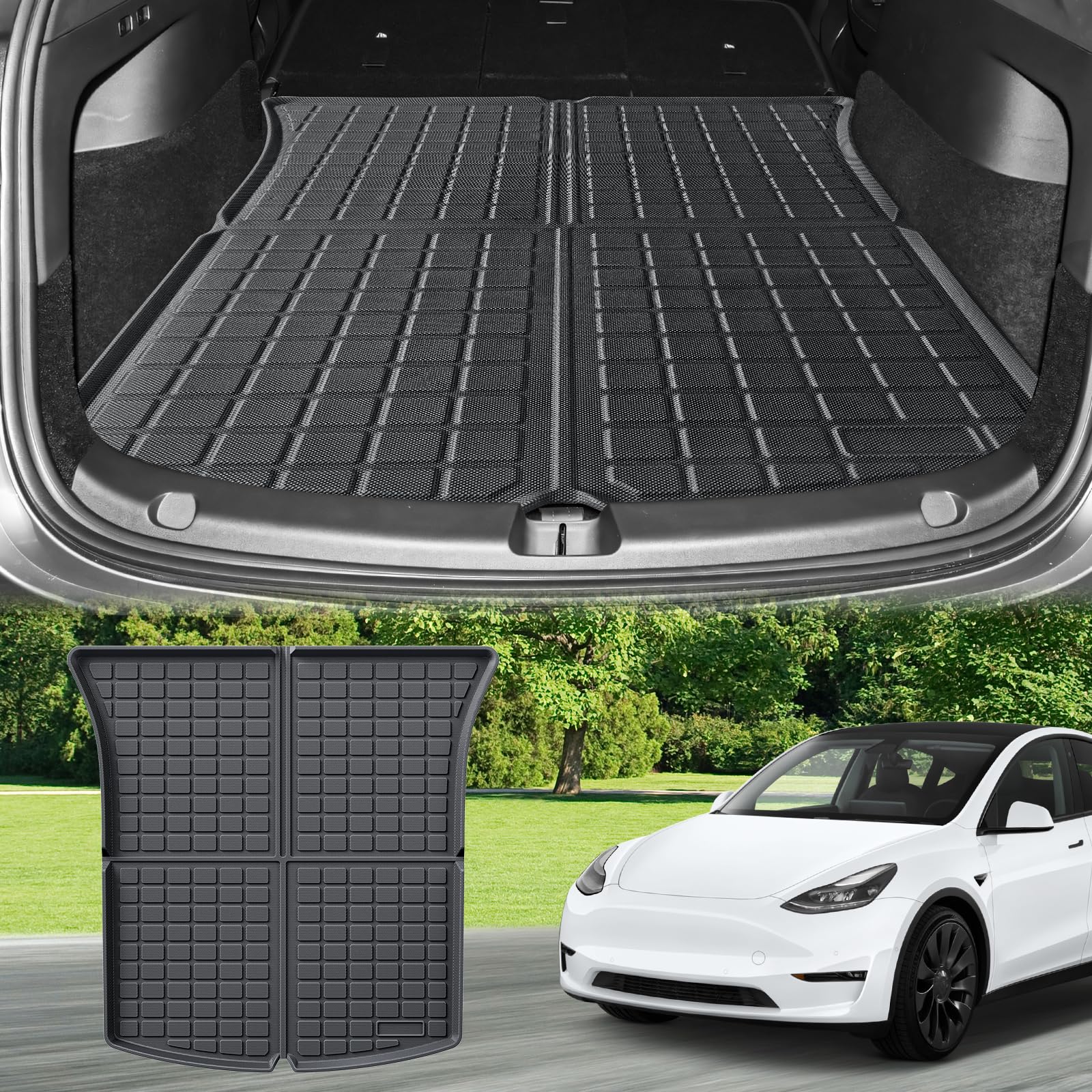 ECOZEN Vasca Baule per Tesla Model Y 2021-2024 3D Specifica In TPE Proteggi Bagagliaio auto, Model Y Tappetino del bagagliaio, con bordino rialzato, resistente impermeabile per tutte le stagioni