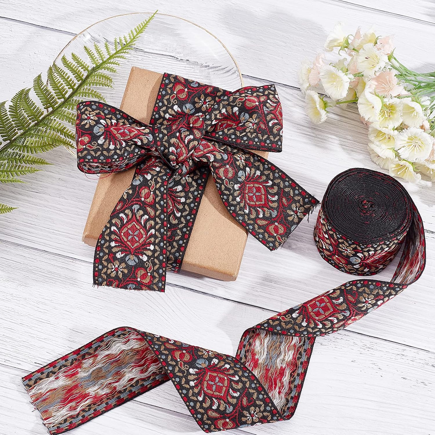 GORGECRAFT 5 Yards Floral Embroidered Jacquard Ribbon Vintage Woven Trim 2 Inch Wide Boho Lace Fabric for Embellishment DIY Craft Sewing Handmade Bag Clothing Decoration Accessories(Dark Red)