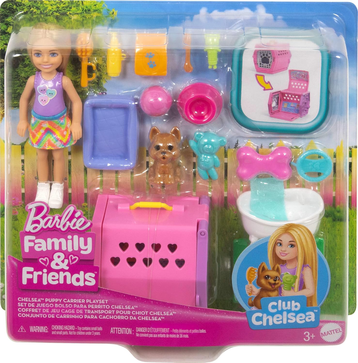 Barbie Chelsea Puppy Carrier Playset, Blonde Small Doll and Accessories, Dog Carrier with Puppy Themed Play Pieces