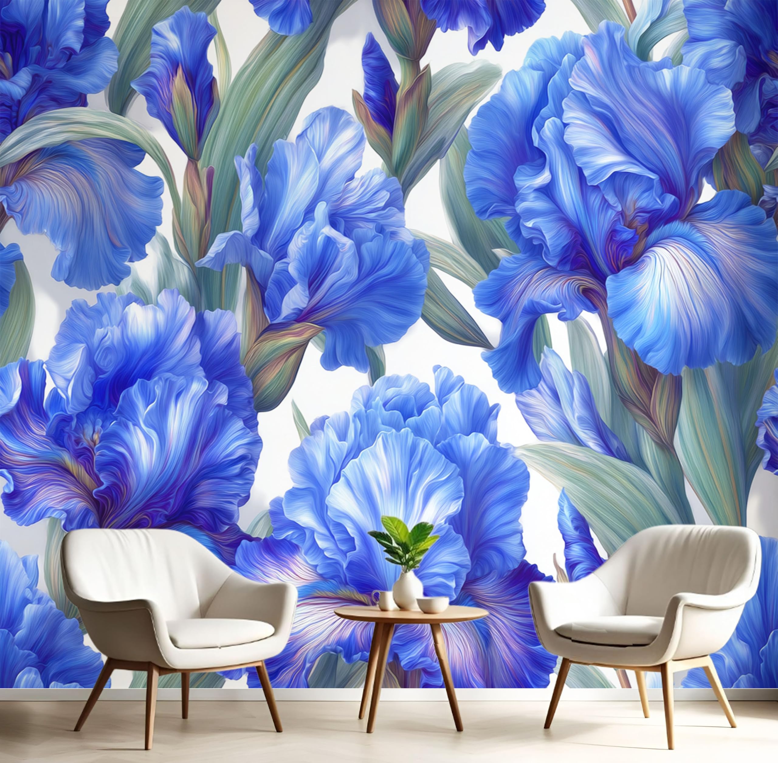 Papier peint motif iris élégant bleu royal en soie 300x210cm pour la décoration murale du salon