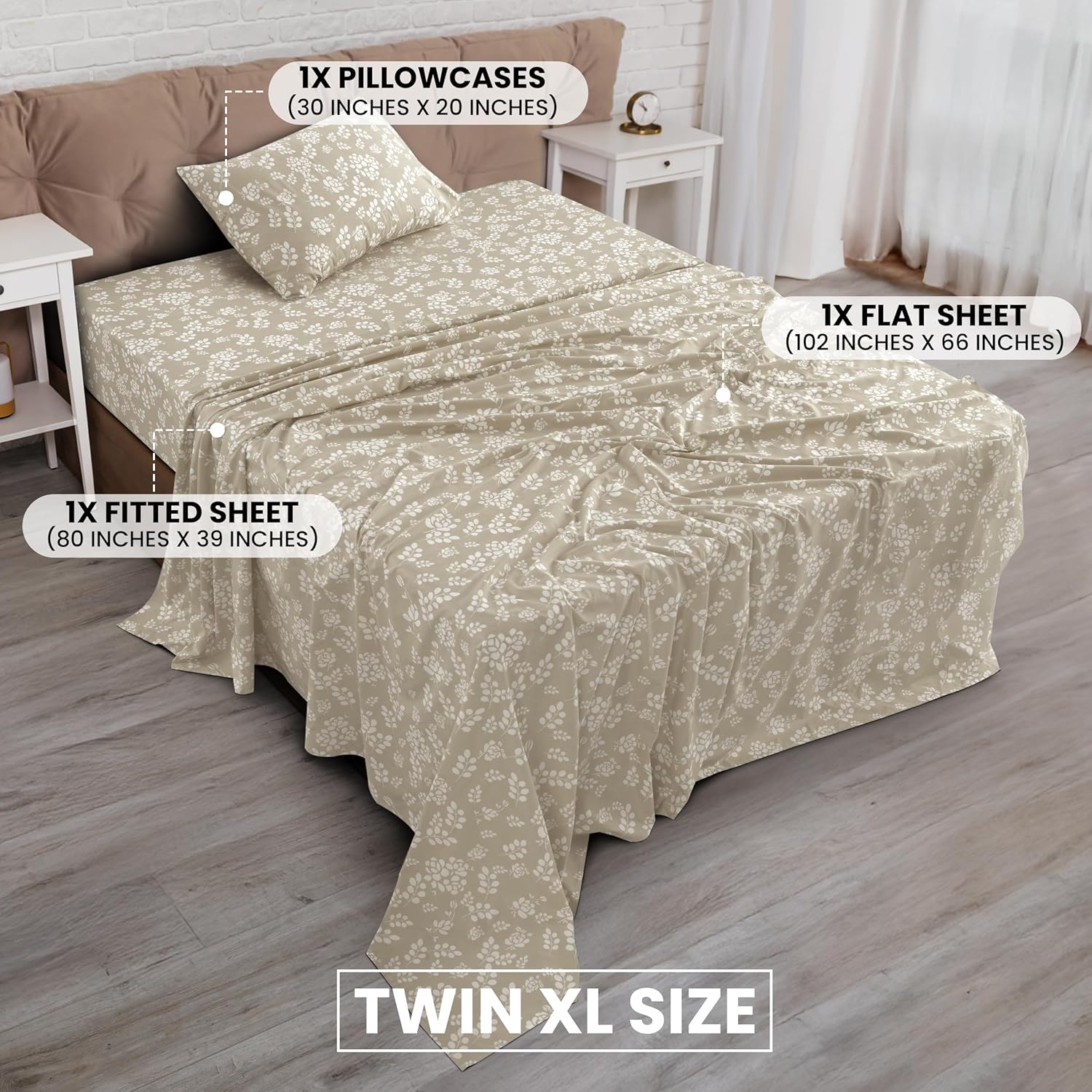 LUX Décor Floral Twin XL Sheet Set - 3 Piece Ultra-Soft Microfiber Bed Sheets with Flat Sheet, 16 Inches Deep Pocket Fitted Sheet & Pillowcases, Breathable, Bedroom Decor, Oeko-TEX - Taupe - Image 2