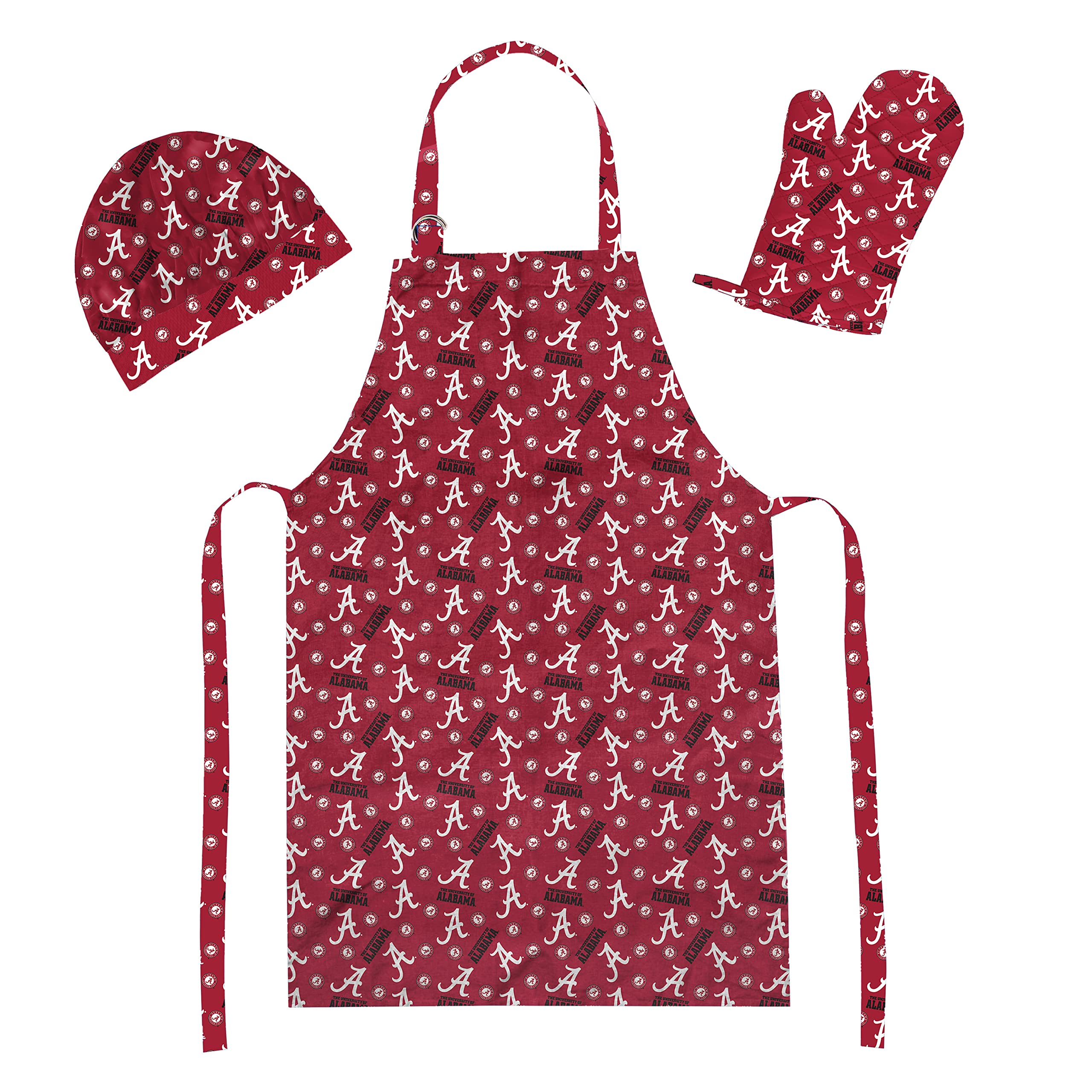 NORTHWEST NCAA 3 Piece Chef Set, Apron, Oven Mitt and Chef Hat Set, Scatter Print, Alabama Crimson Tide