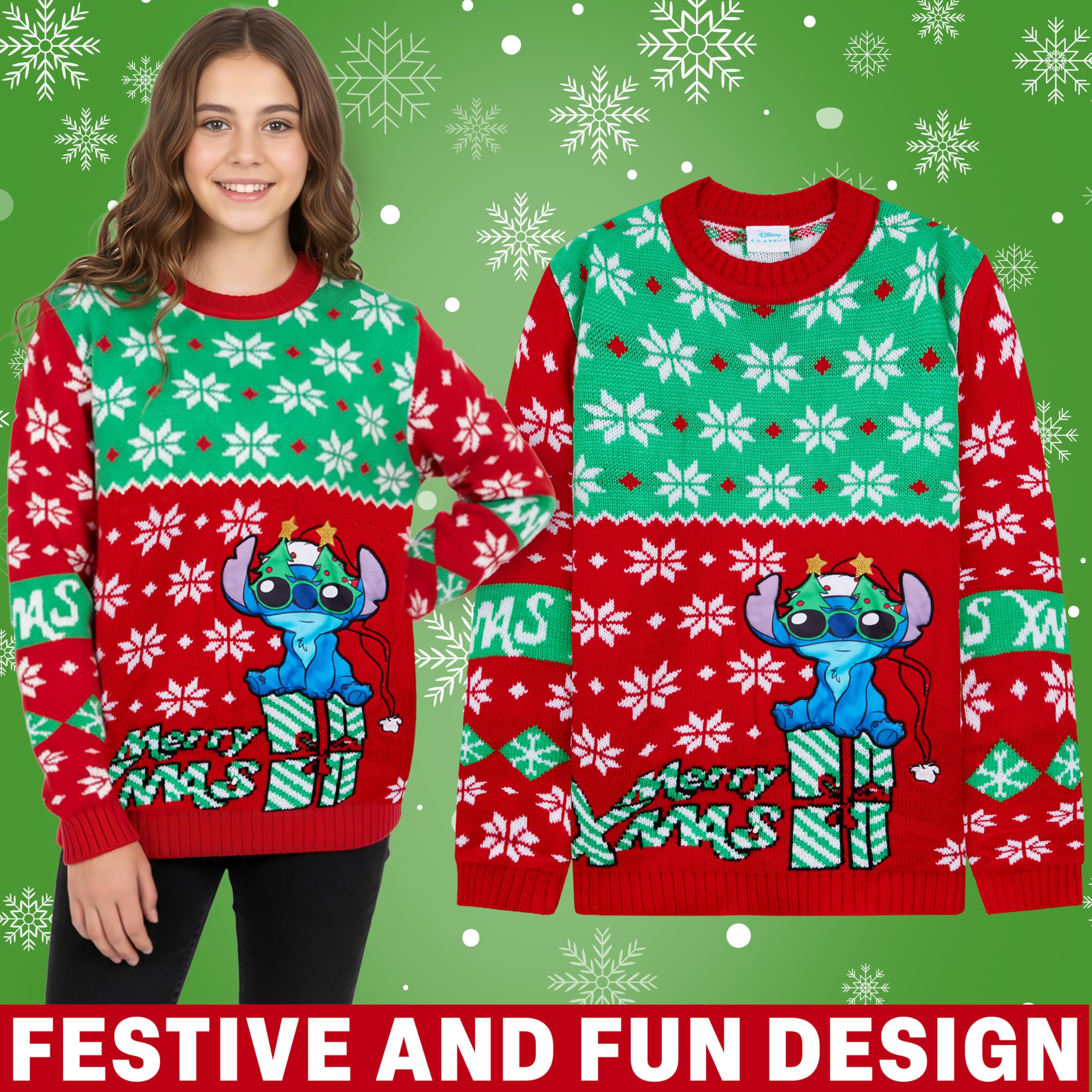 Disney Stitch Jersey de Navidad para Niñas, Suéter con Cuello Redondo