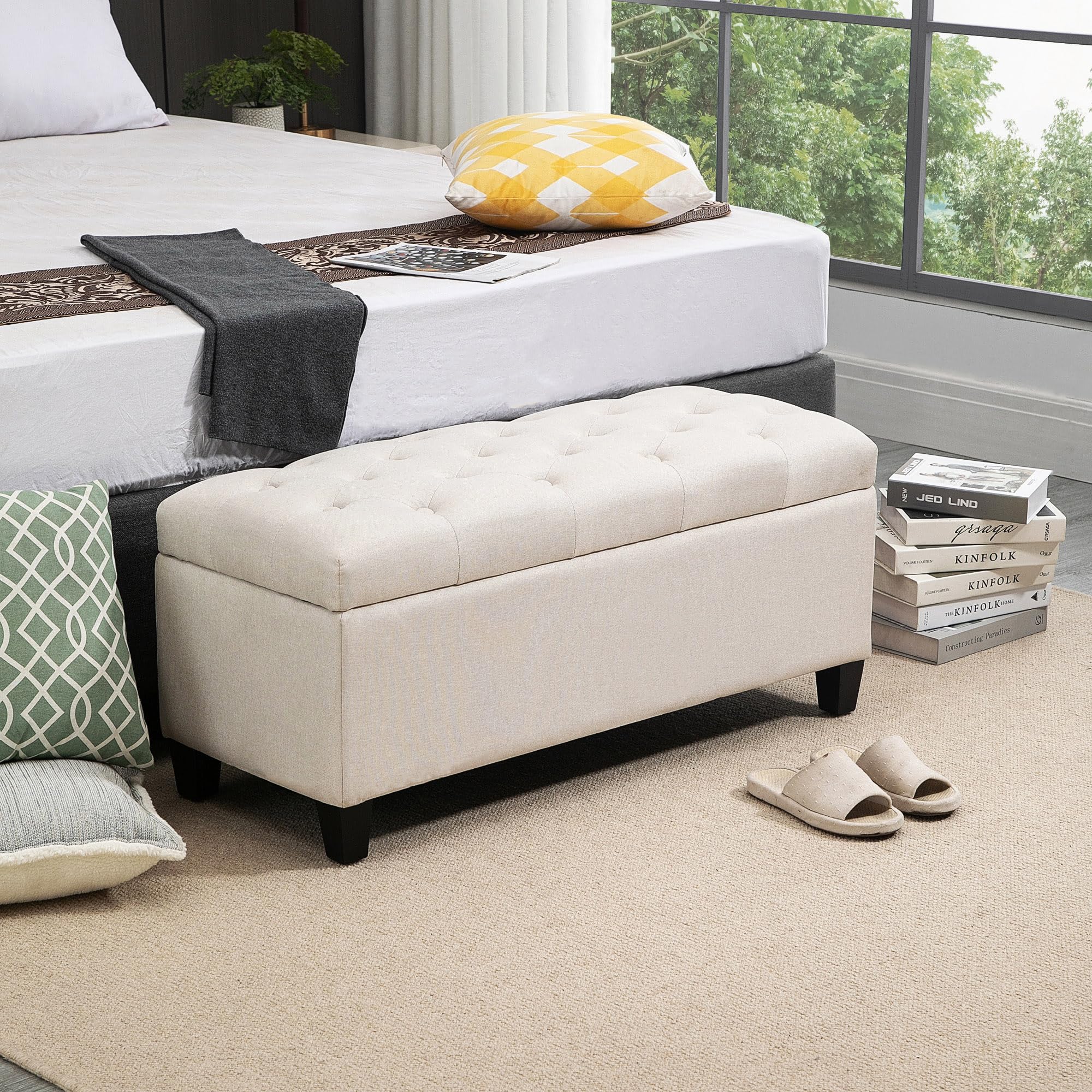 HOMCOM Banc de Rangement Pouf Salon Capitonné 100 x 40 x 44 cm Blanc | Bout de Lit, Coffre de Rangement, Repose-Pieds, pour Salon Chambre Entrée