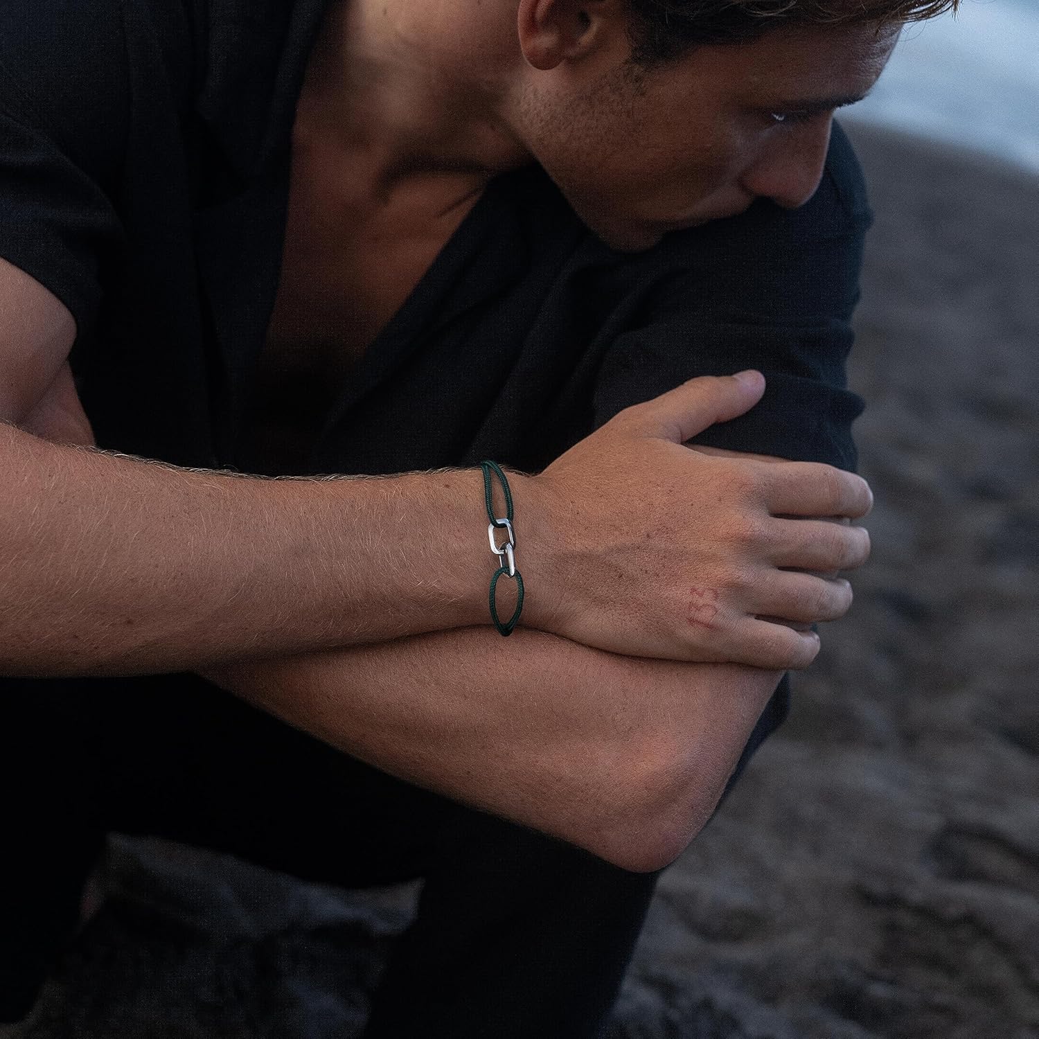 Made by Nami Nautical Bracelets for Men Adjustable and Waterproof Rope Bracelet for Men with Stainless Steel Charm Gift for Him (Emerald Green Silver) - Image 3