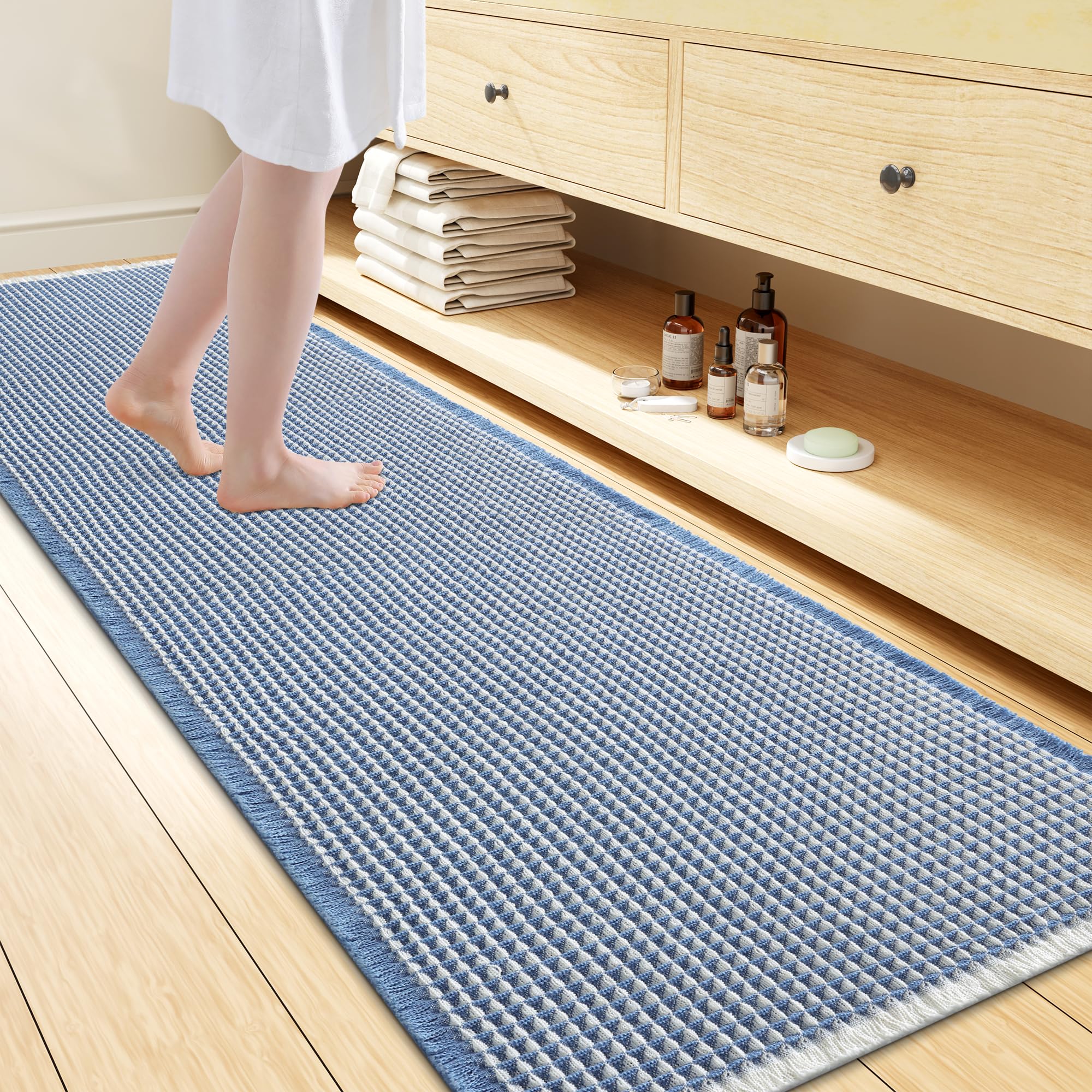 Smiry Waffle Bath Mat 72X24, Soft Absorbent Bathroom Rugs, Blue &amp; Cream