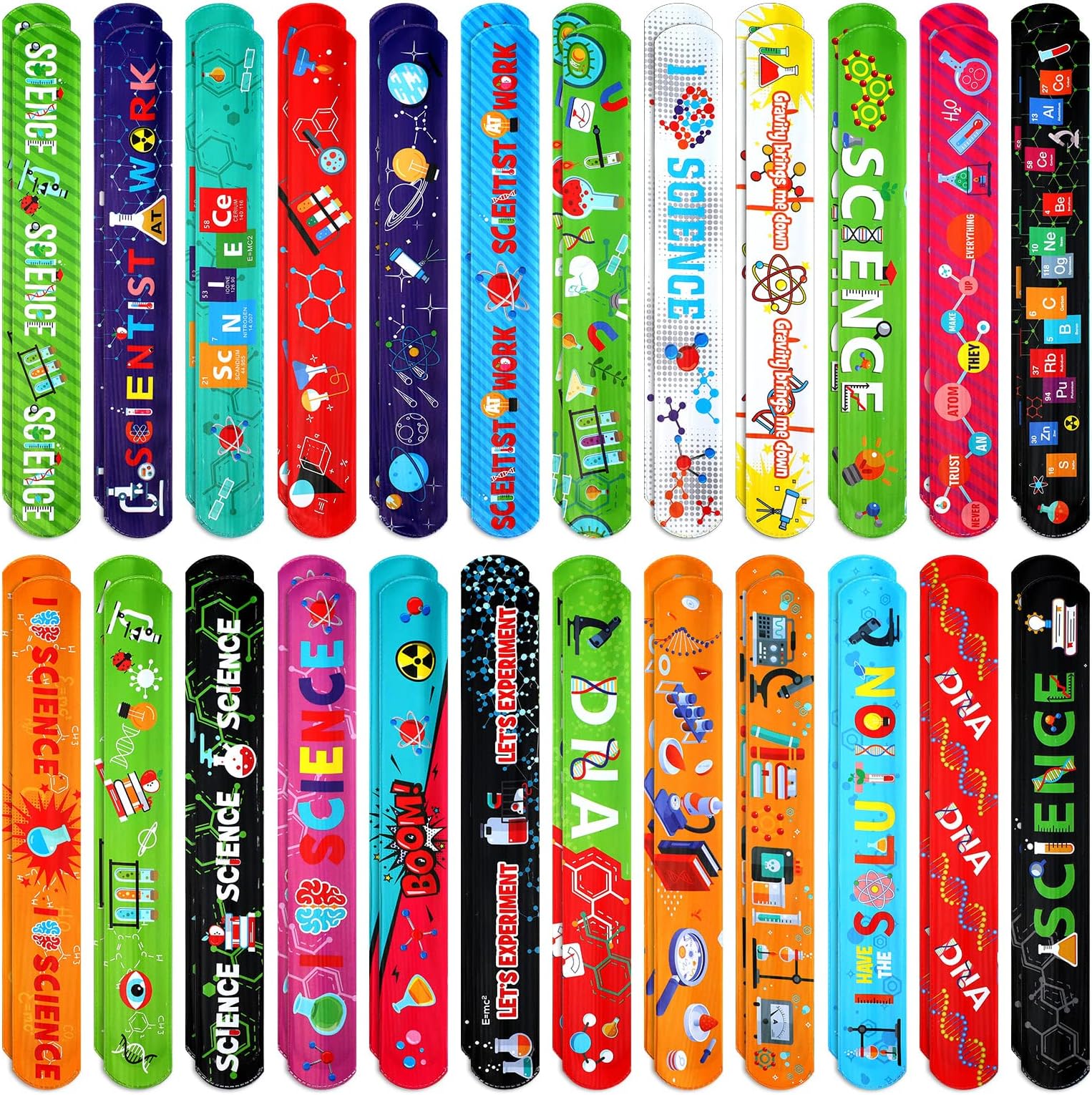 Marsui 48 Pcs Science Slap Bracelets Bulk Snap Bracelets for Science Party Favors Prizes Gifts Decorations Scientist Birthday Party Supplies, 24 Designs
